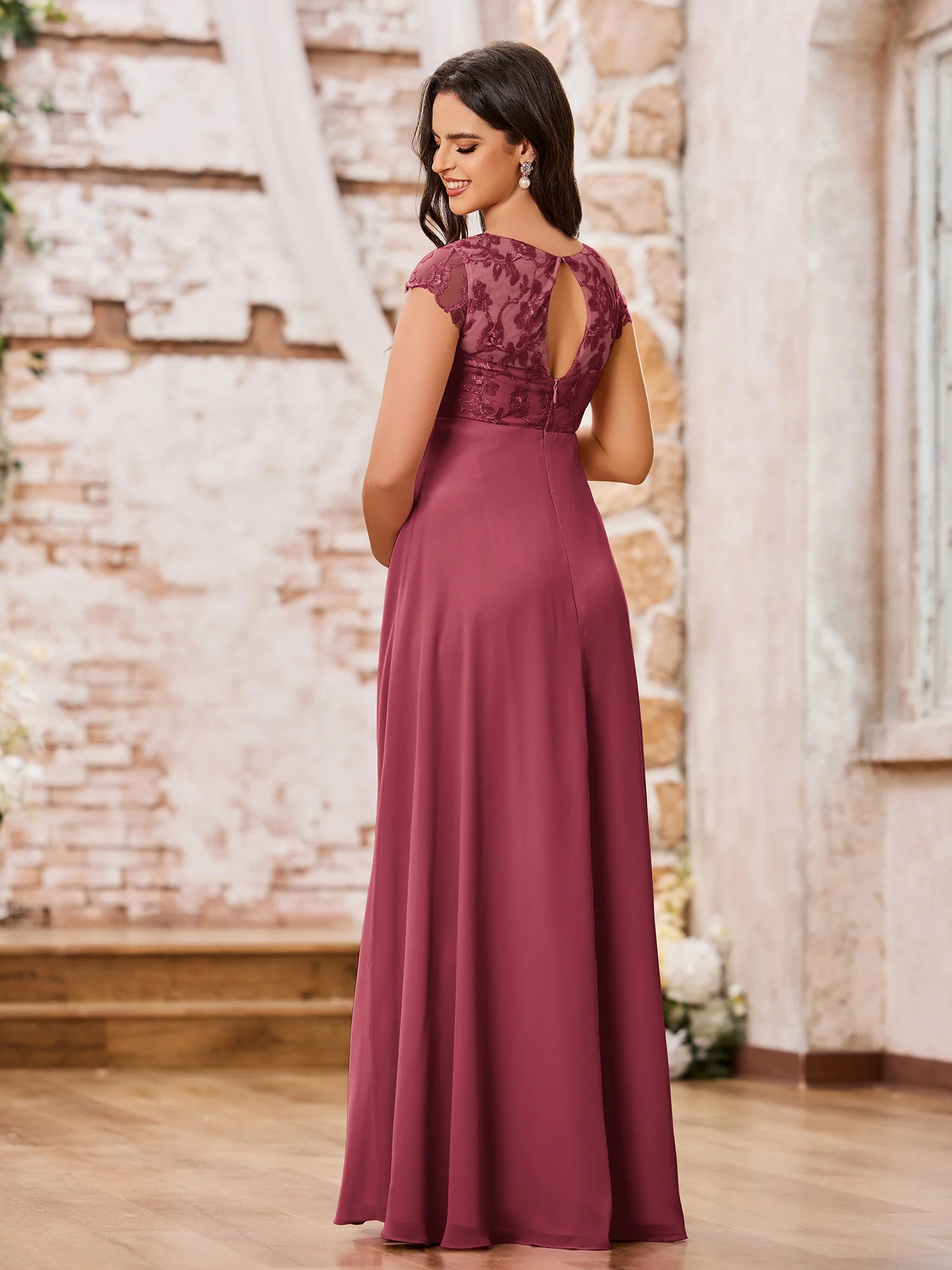 Illusion Neck Lace Top Empire Maxi Maternity Dresses Cinnamon Rose - Image 2