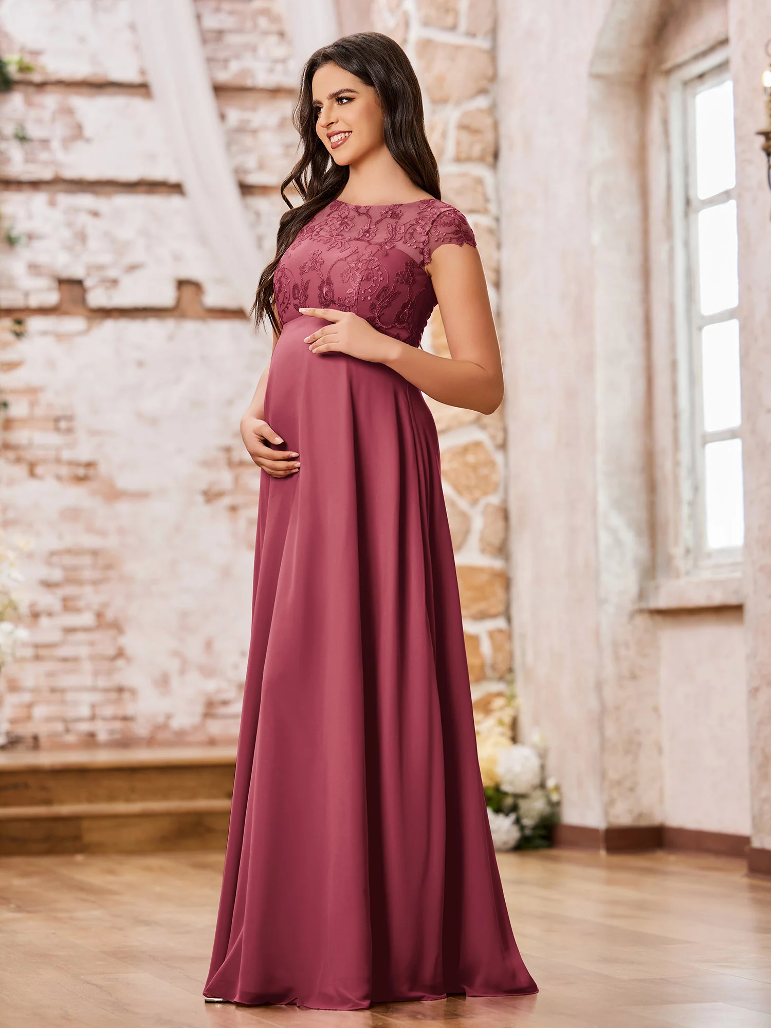 Illusion Neck Lace Top Empire Maxi Maternity Dresses Cinnamon Rose - Image 3