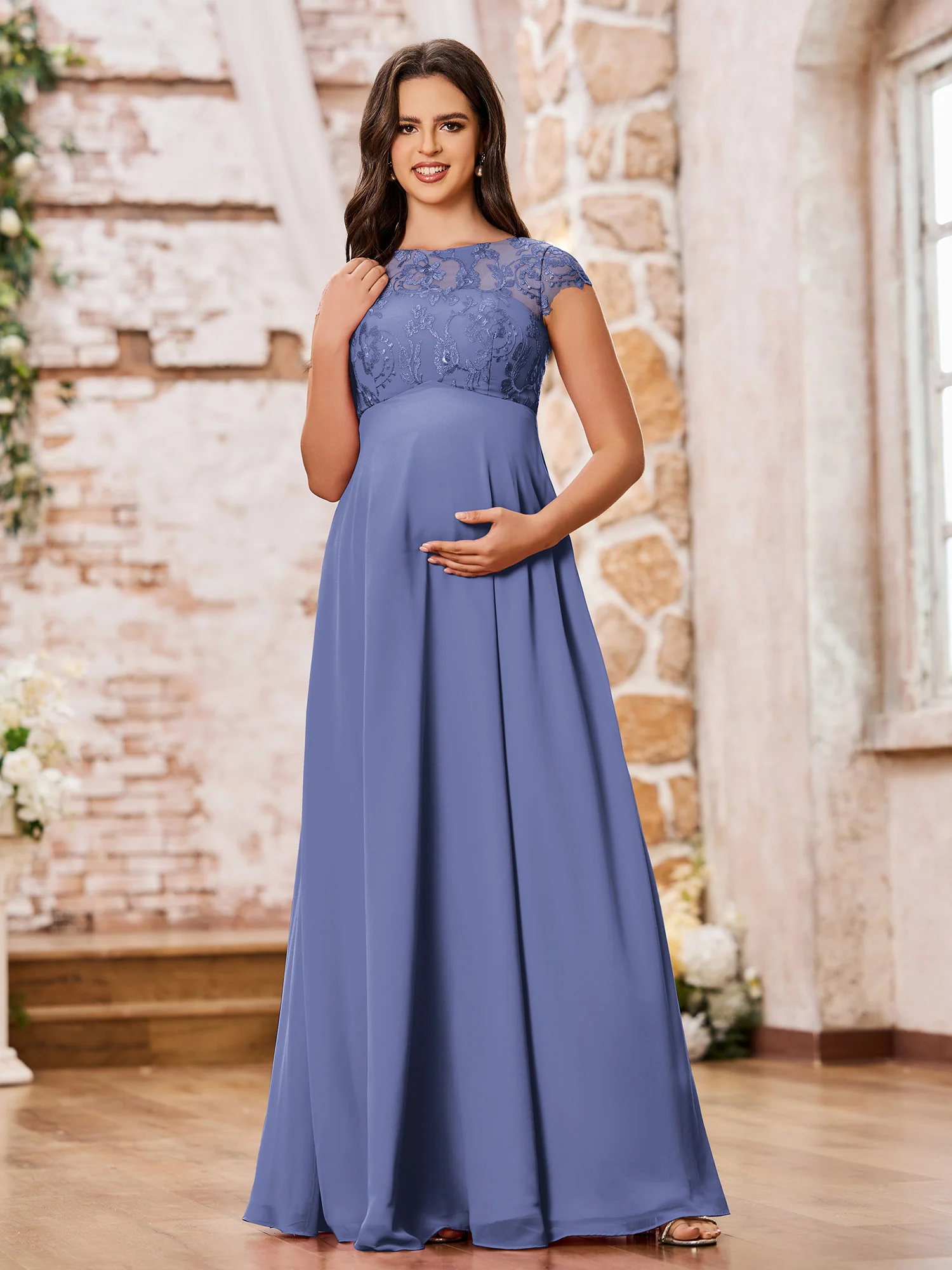 Illusion Neck Lace Top Empire Maxi Maternity Dresses Periwinkle