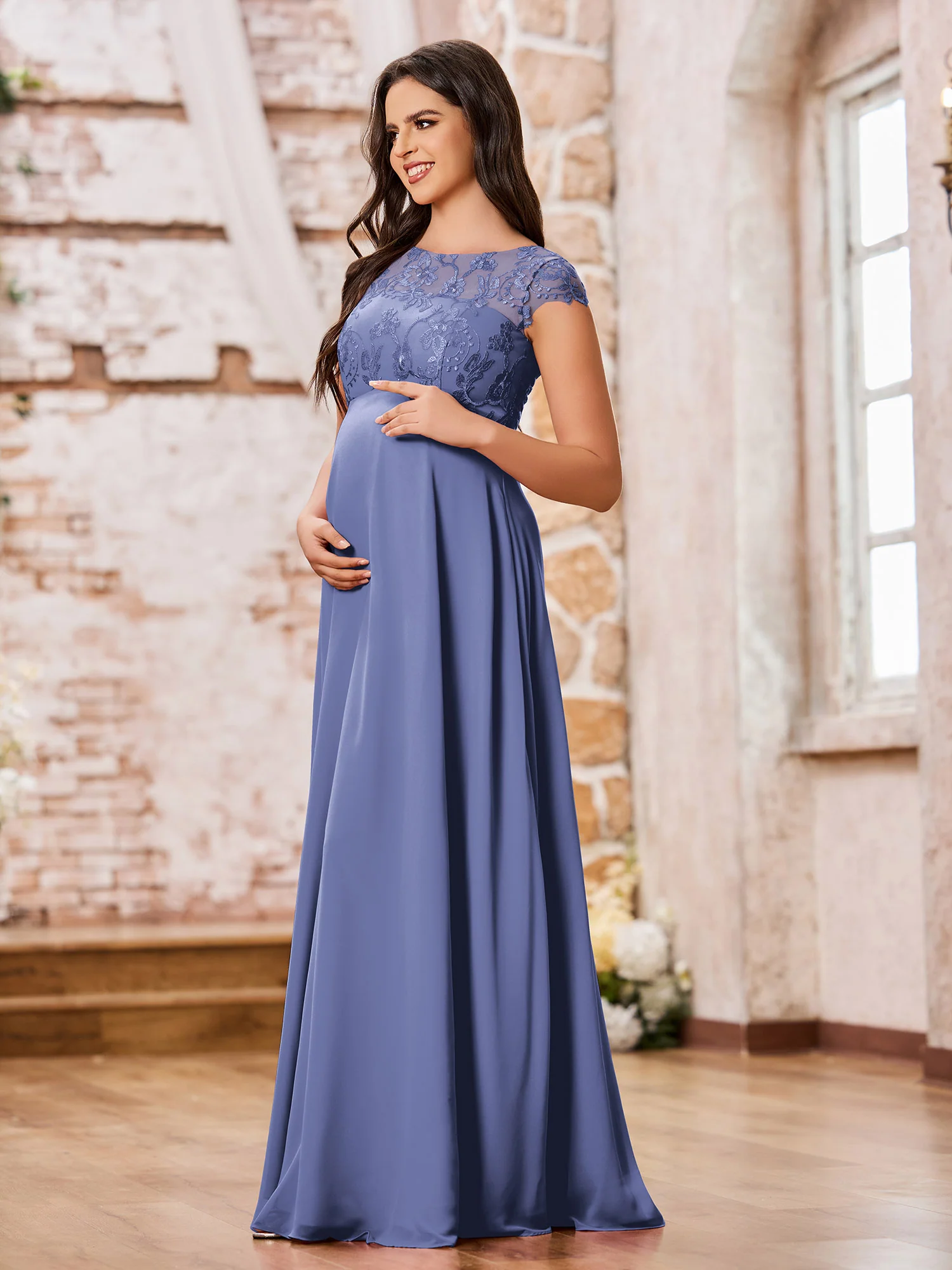Illusion Neck Lace Top Empire Maxi Maternity Dresses Periwinkle - Image 3