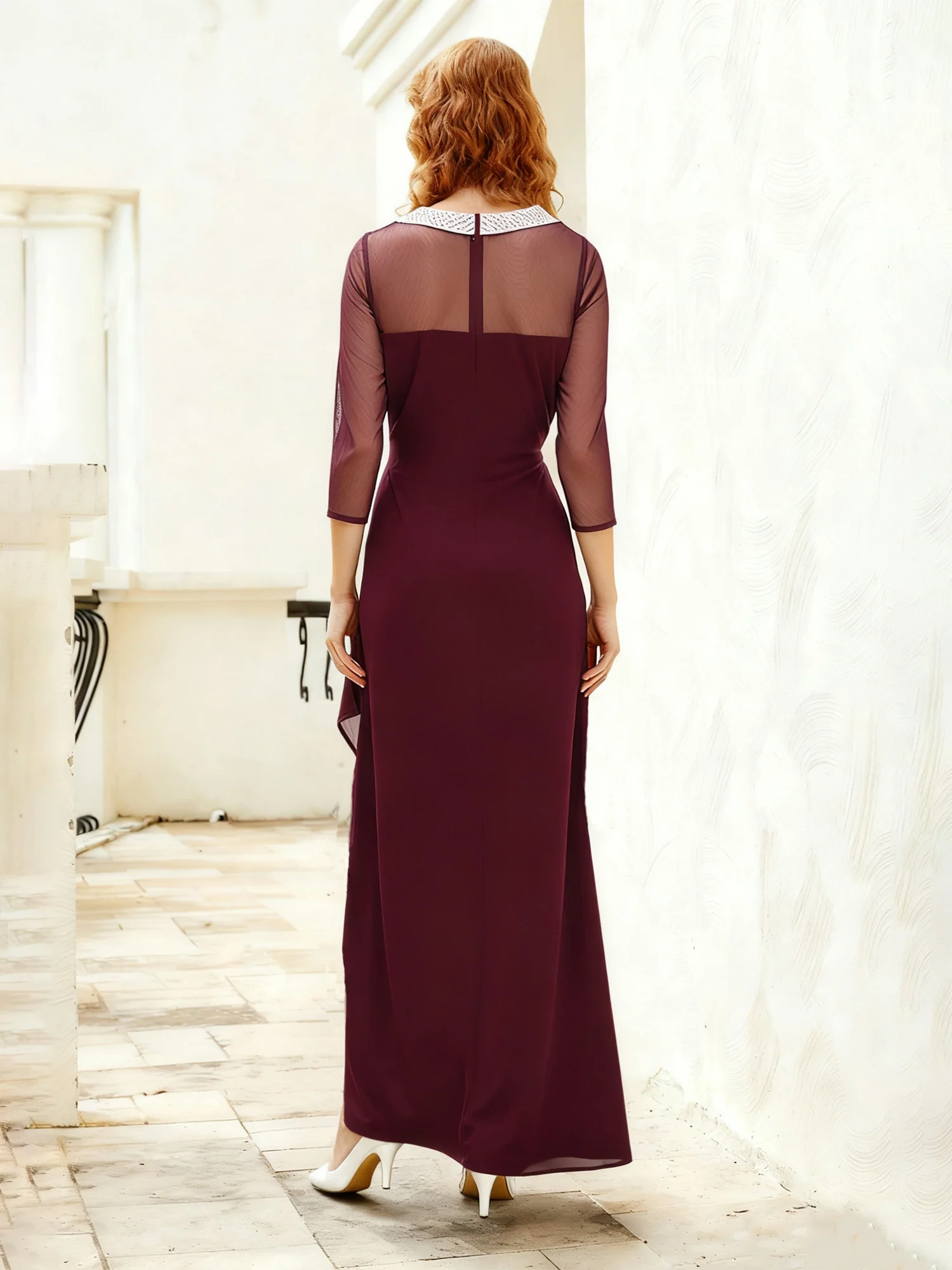 Illusion Neck Sheer 3/4 Sleeves Long Dress With Slit Cabernet - Image 2