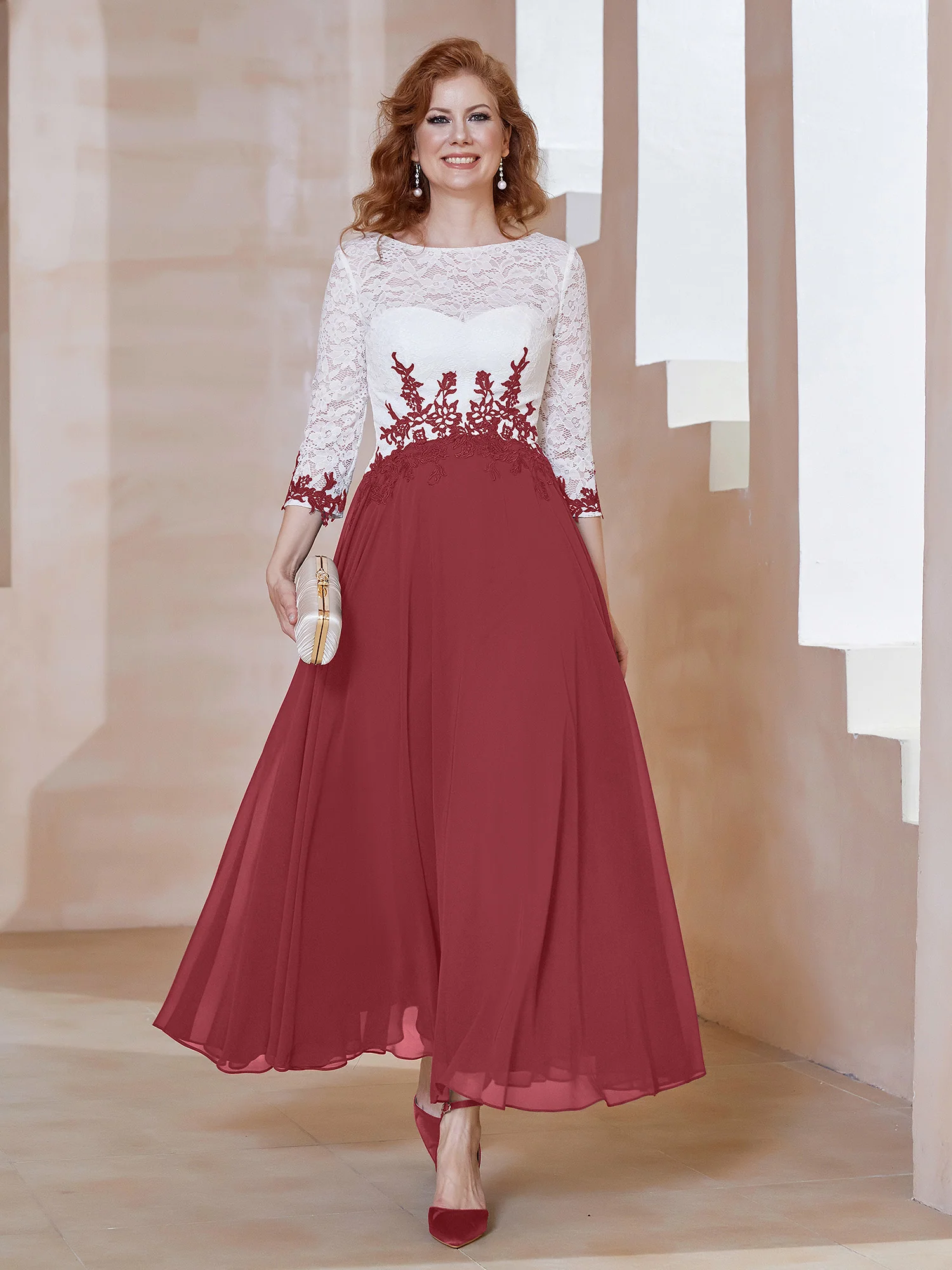 Illusion Neckline Applique Long Sleeves Dress Cinnamon Rose