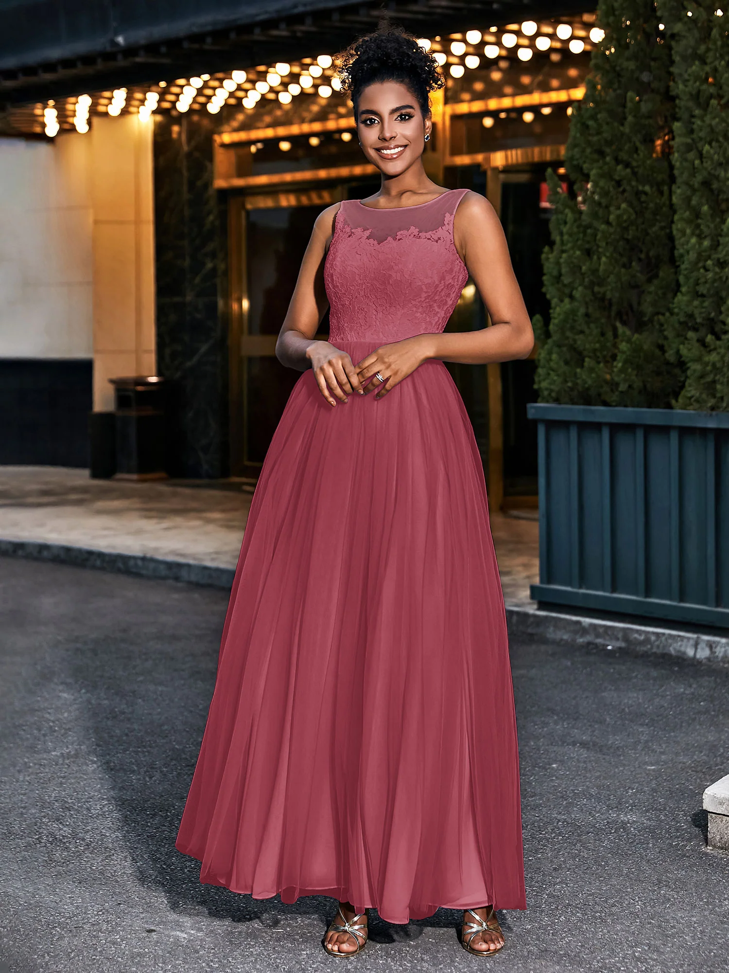 Illusion Neckline Lace and Tulle Maxi Dress-Cinnamon Rose Plus Size