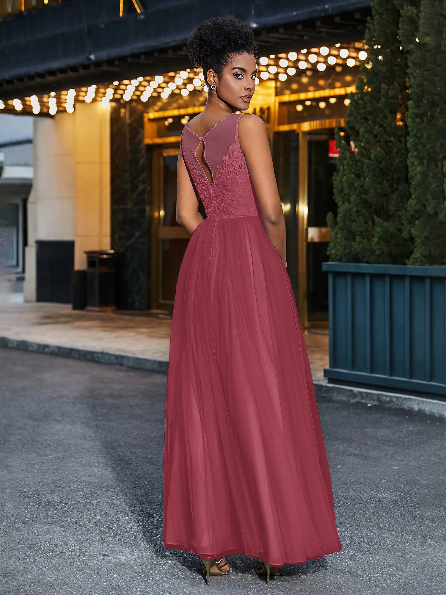 Illusion Neckline Lace and Tulle Maxi Dress-Cinnamon Rose Plus Size - Image 2