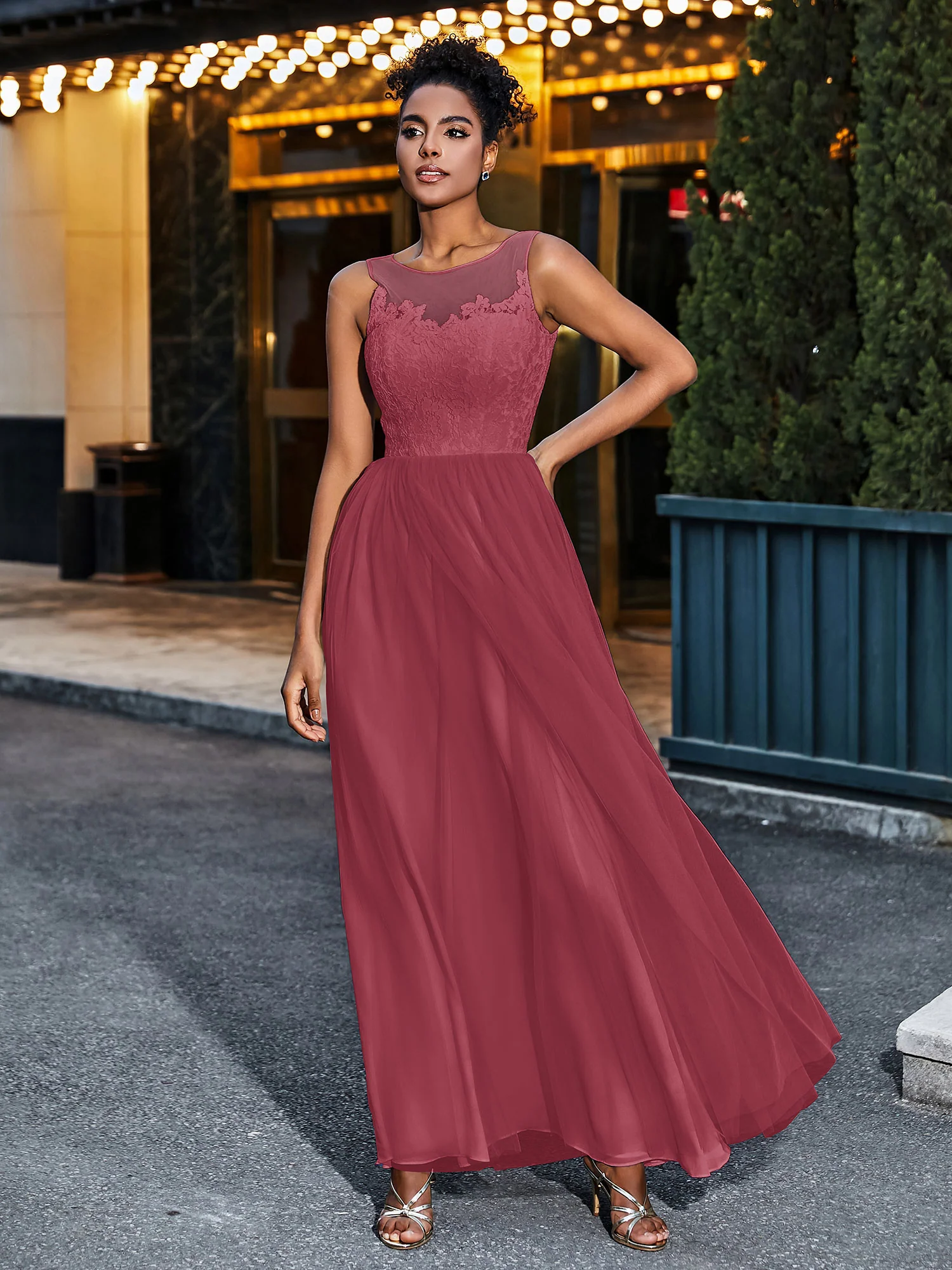 Illusion Neckline Lace and Tulle Maxi Dress-Cinnamon Rose Plus Size - Image 3