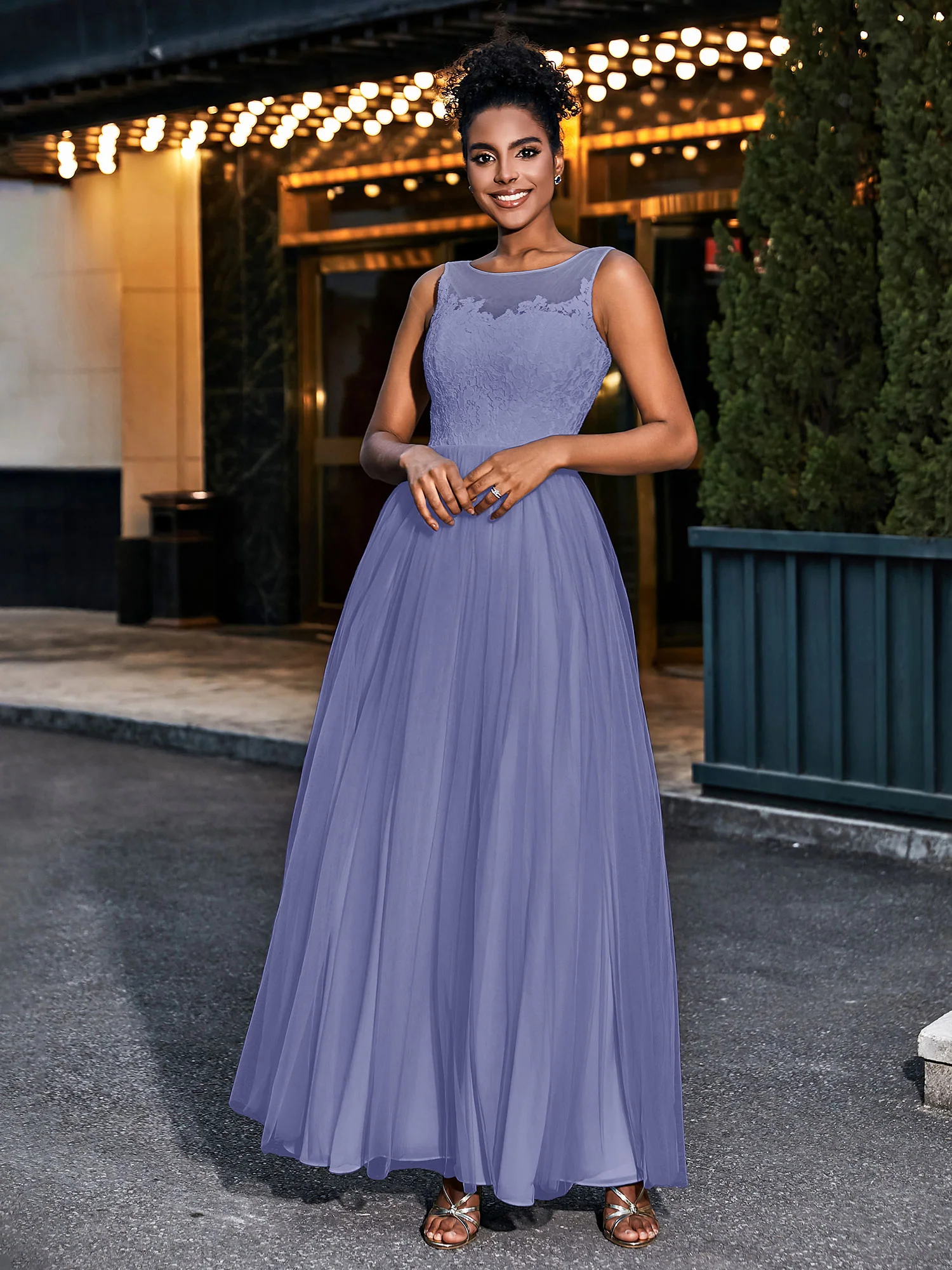 Illusion Neckline Lace and Tulle Maxi Dress-Periwinkle Plus Size