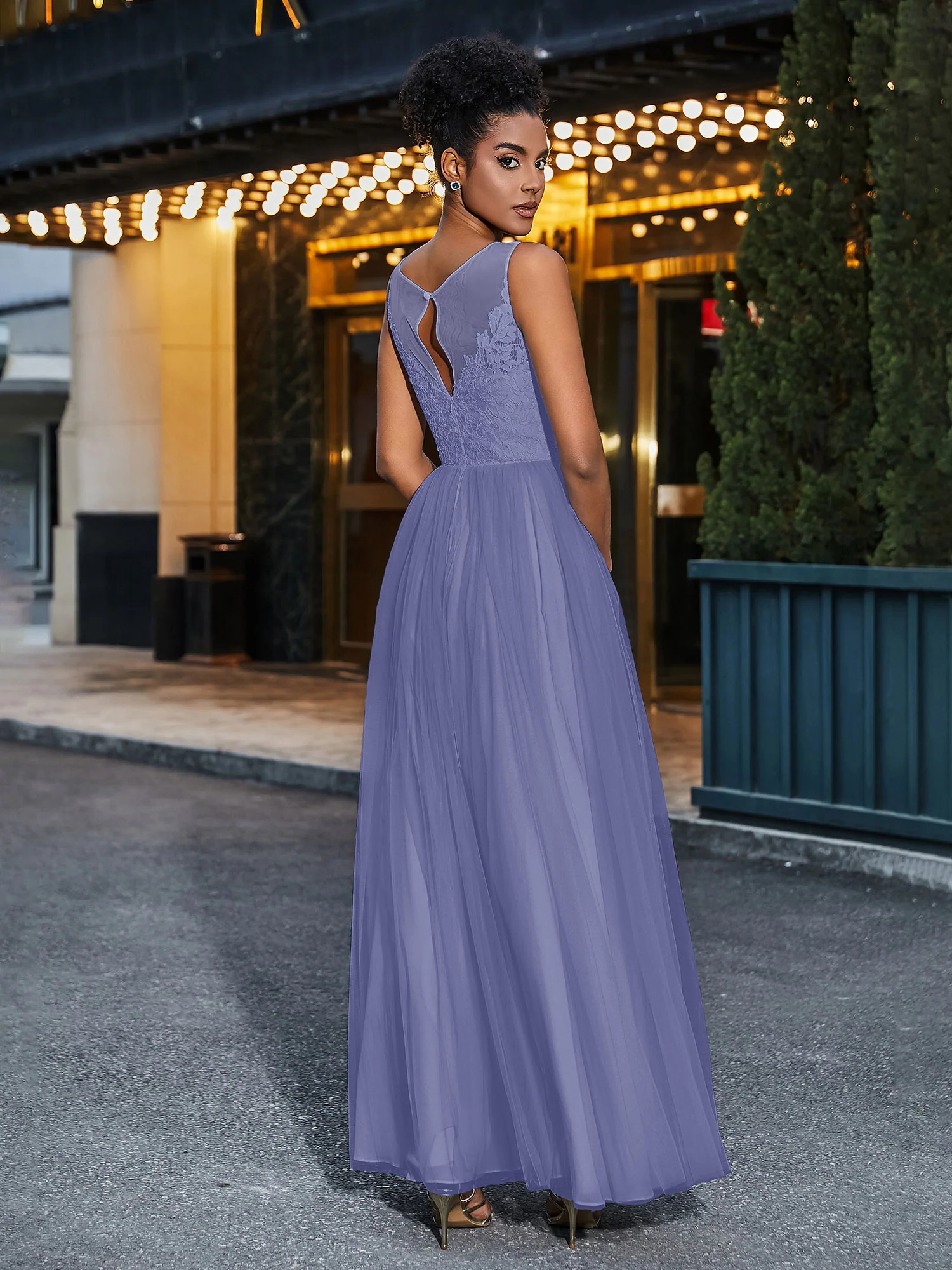 Illusion Neckline Lace and Tulle Maxi Dress-Periwinkle Plus Size - Image 2