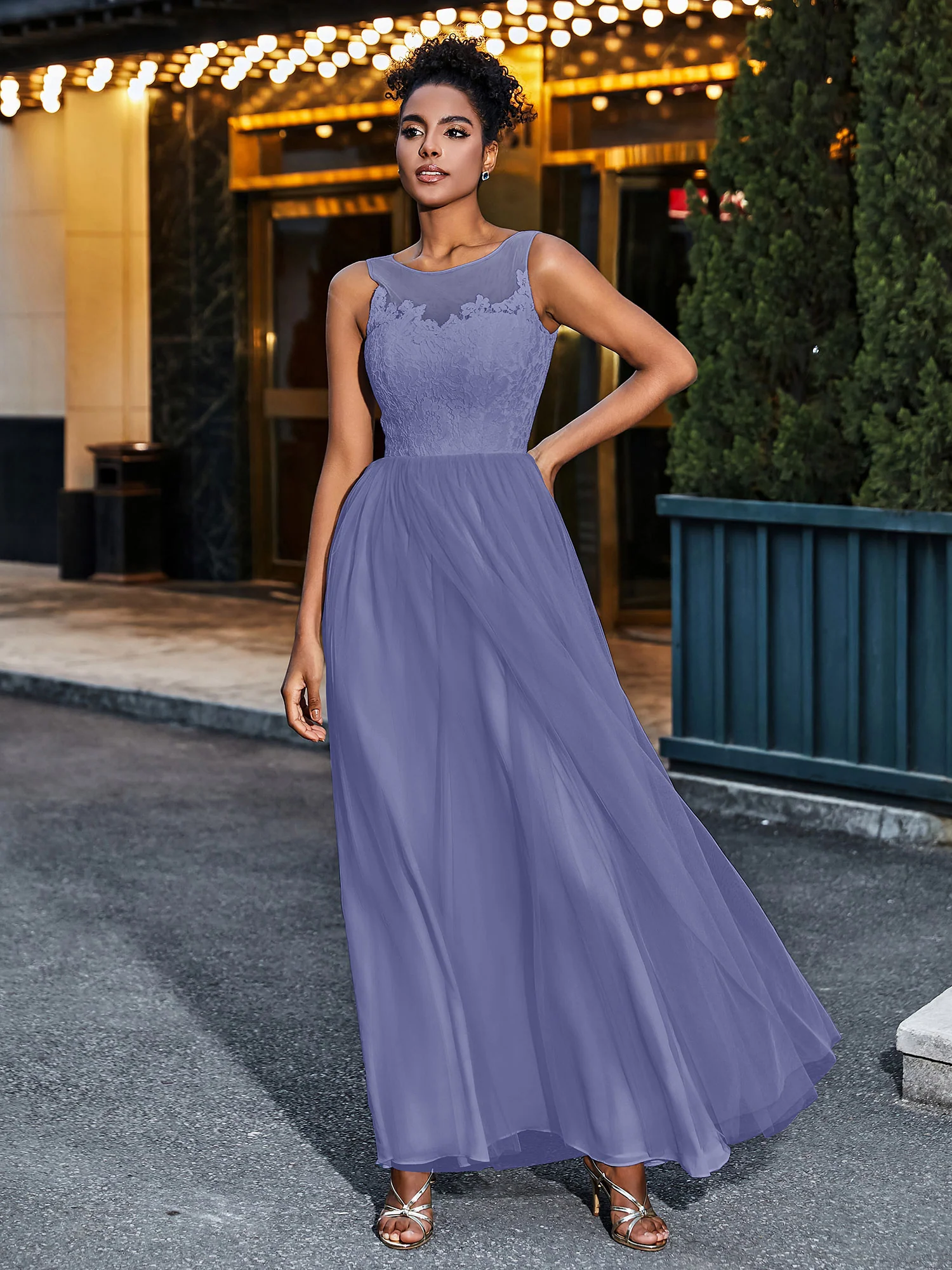 Illusion Neckline Lace and Tulle Maxi Dress-Periwinkle Plus Size - Image 3