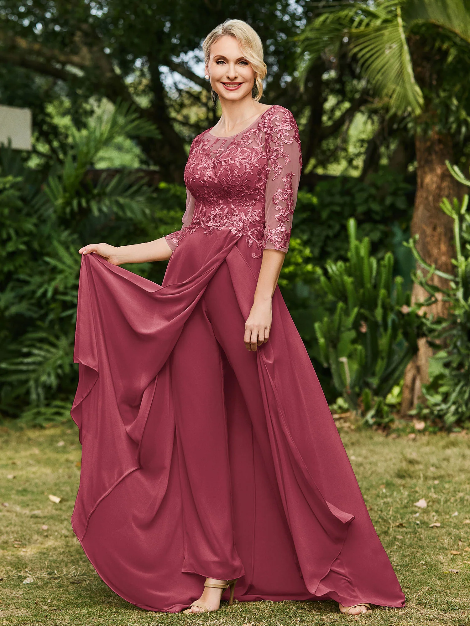 Illusion Neckline Lace Appliqued Jumpsuit Cinnamon Rose