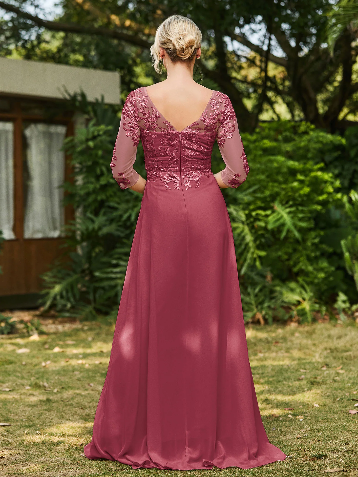 Illusion Neckline Lace Appliqued Jumpsuit Cinnamon Rose - Image 2