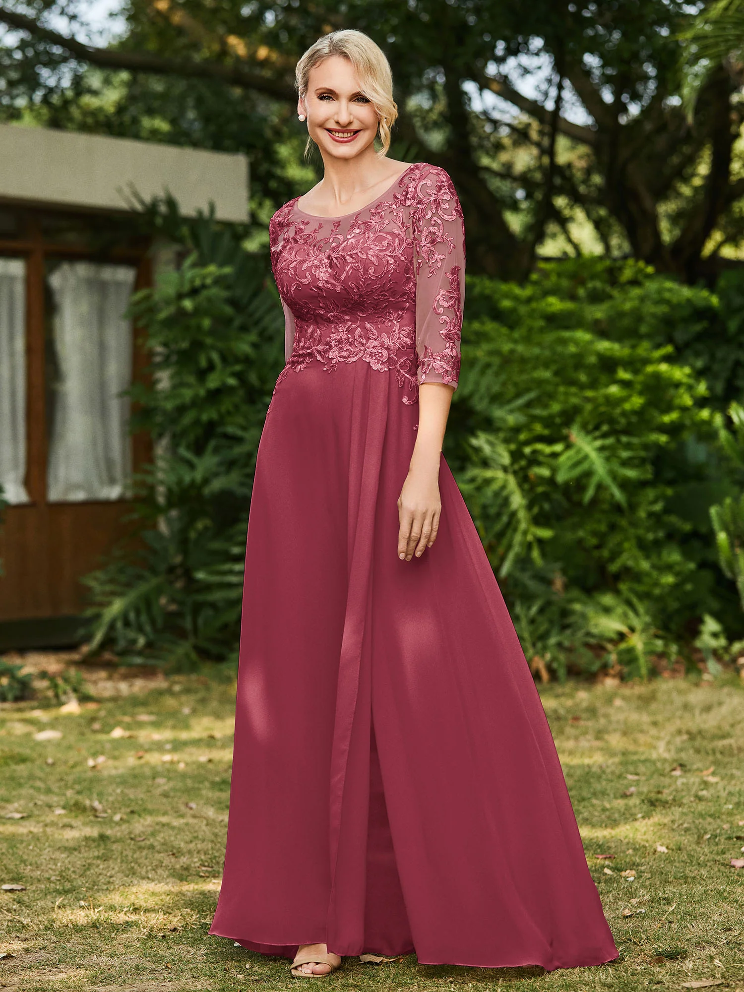 Illusion Neckline Lace Appliqued Jumpsuit Cinnamon Rose - Image 3