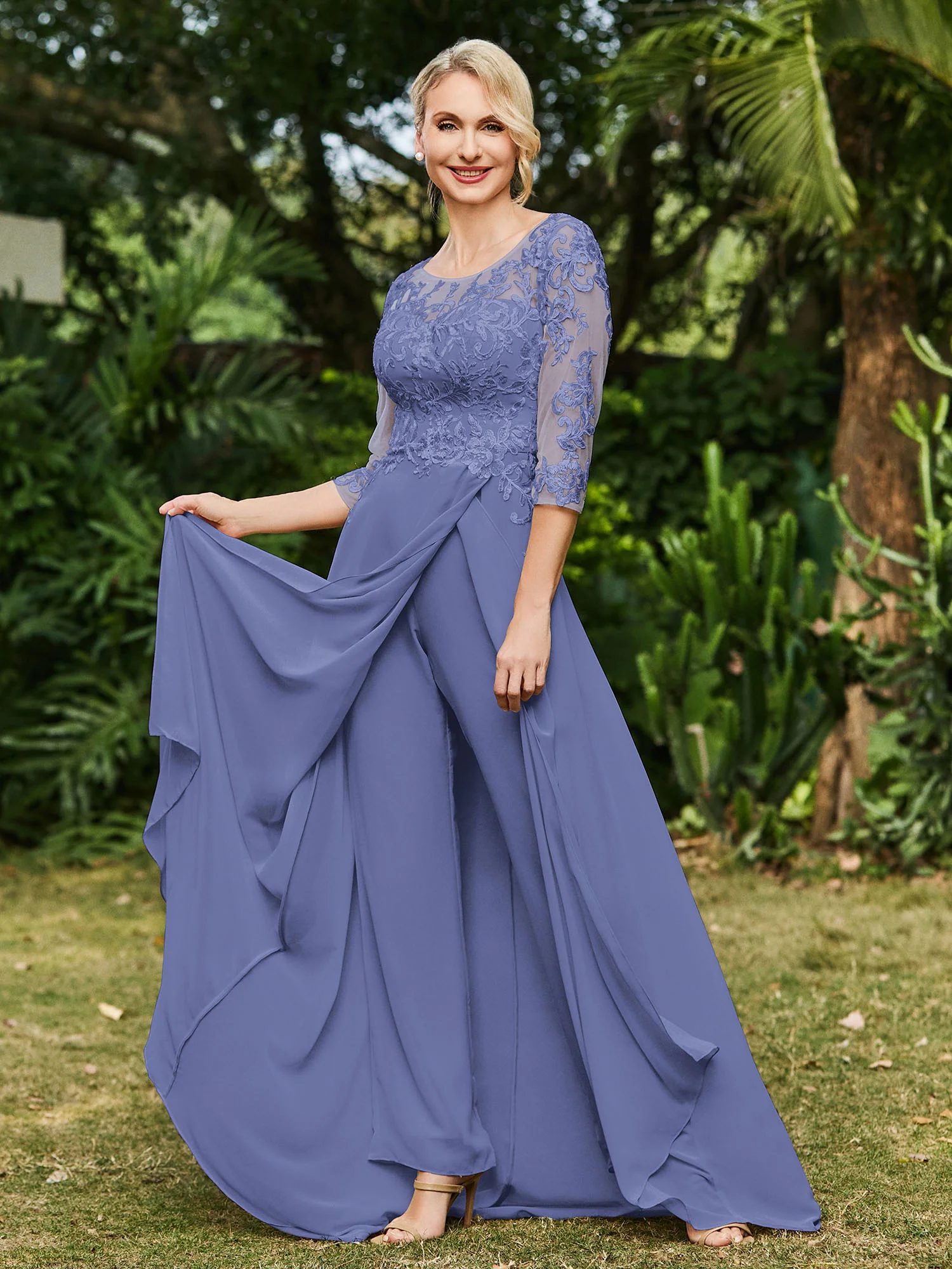 Illusion Neckline Lace Appliqued Jumpsuit Periwinkle
