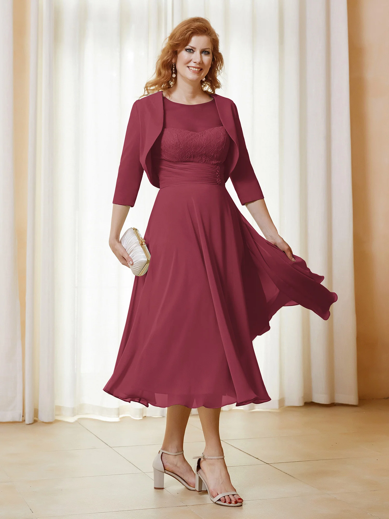 Illusion Neckline Short Sleeves Dress with Jacket Cinnamon Rose