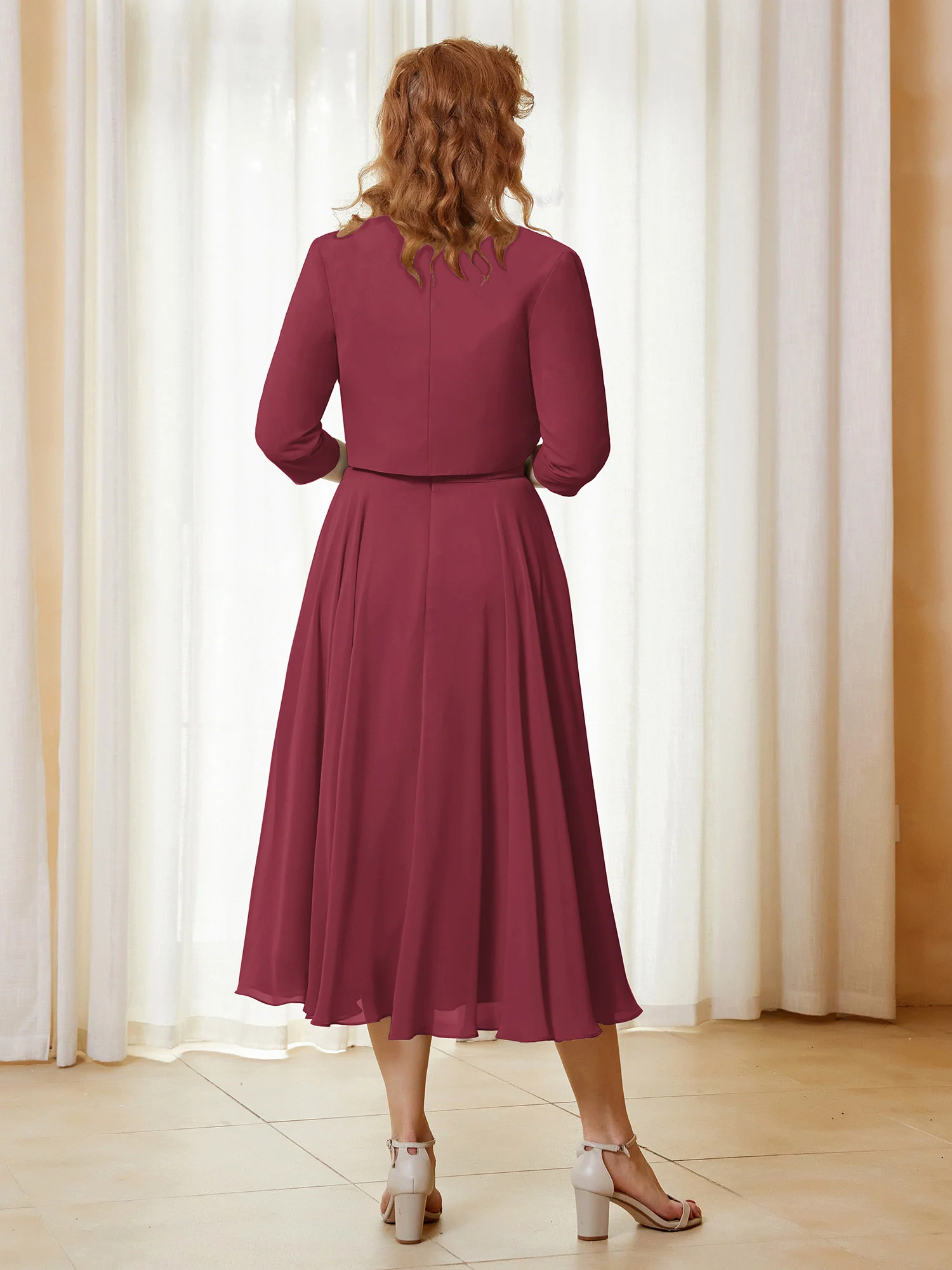 Illusion Neckline Short Sleeves Dress with Jacket Cinnamon Rose - Image 2