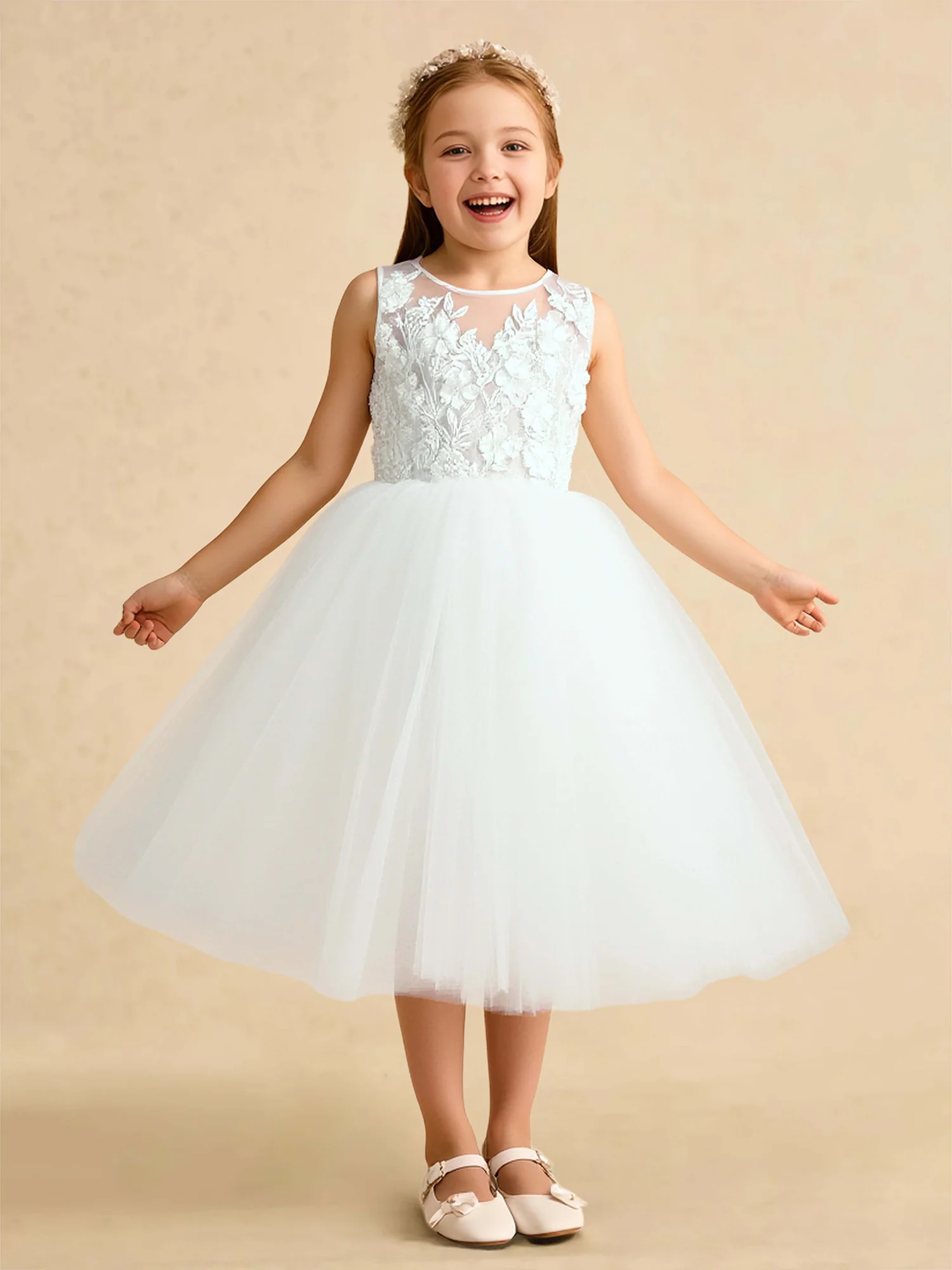 Illusion Scoop Applique Tulle Flower Girl Dress With Bow White