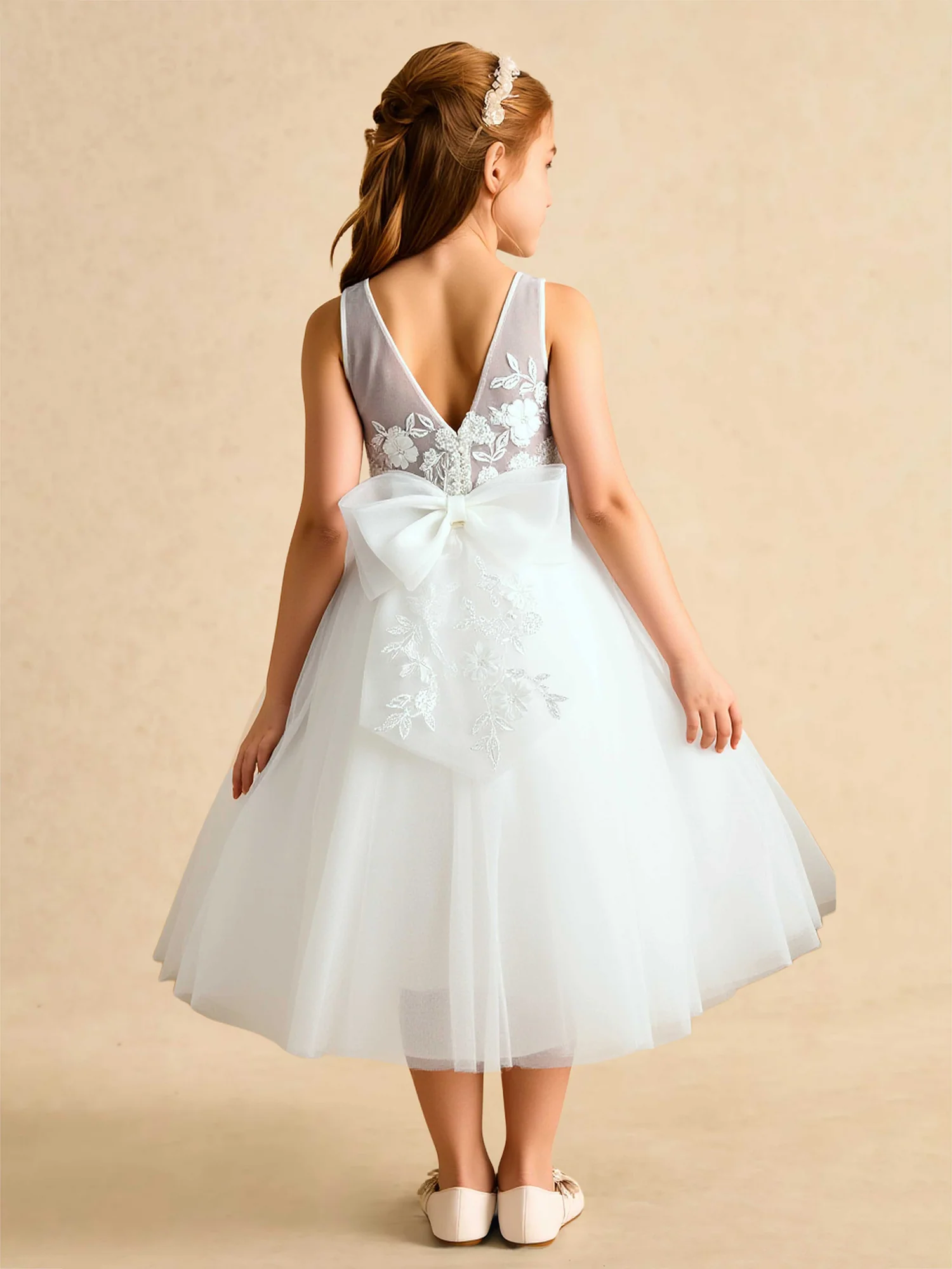 Illusion Scoop Applique Tulle Flower Girl Dress With Bow White - Image 2