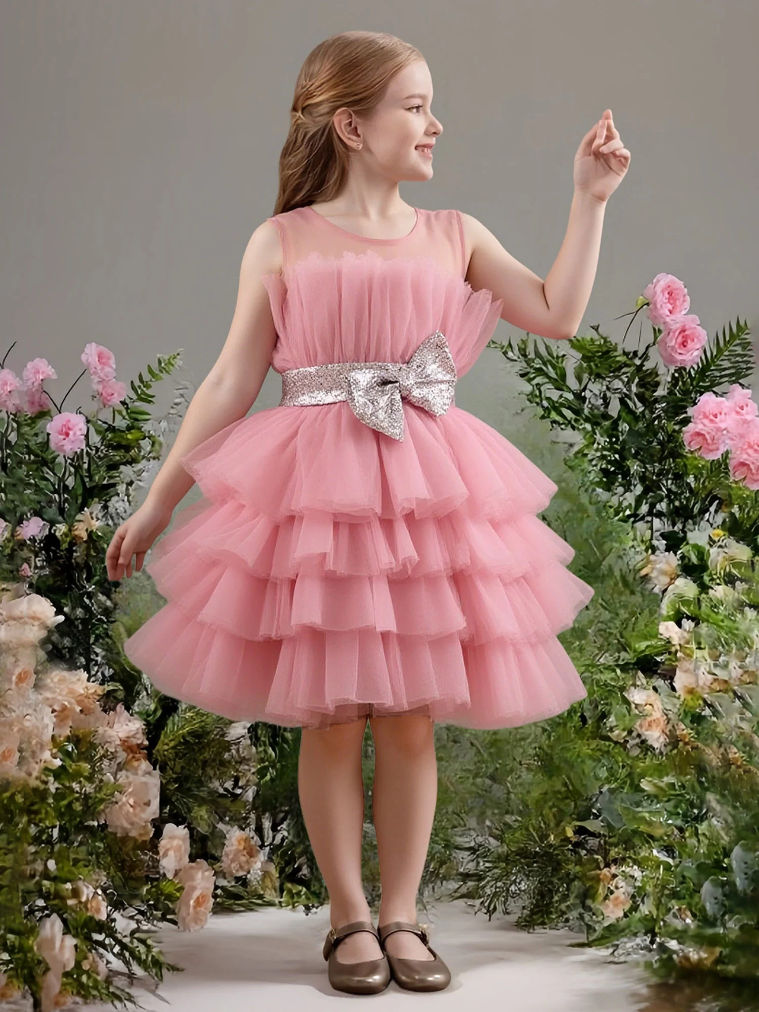 Sleeveless Tiered Tulle Skirt Party Flower Girl Dress Flamingo