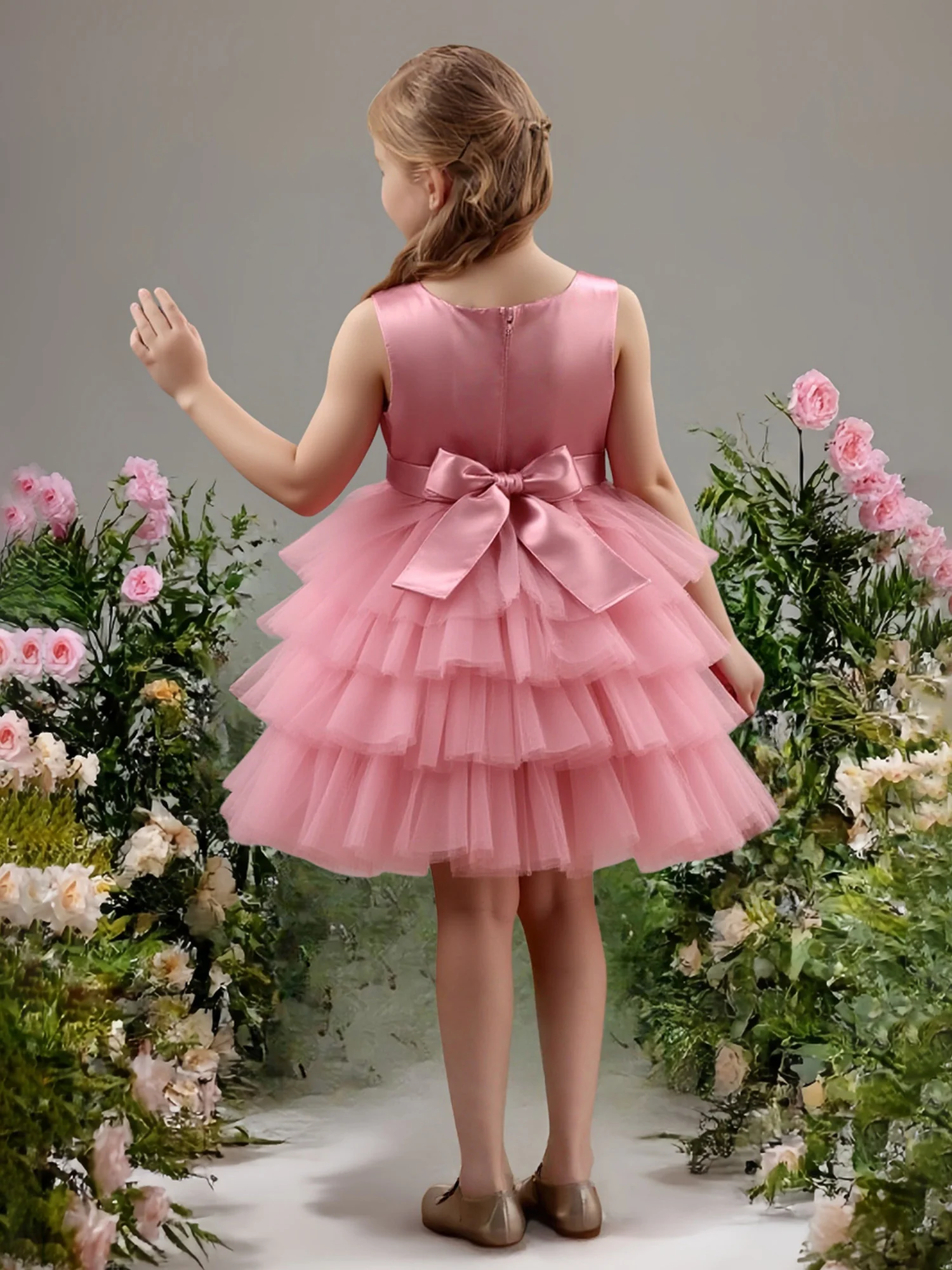 Sleeveless Tiered Tulle Skirt Party Flower Girl Dress Flamingo - Image 2