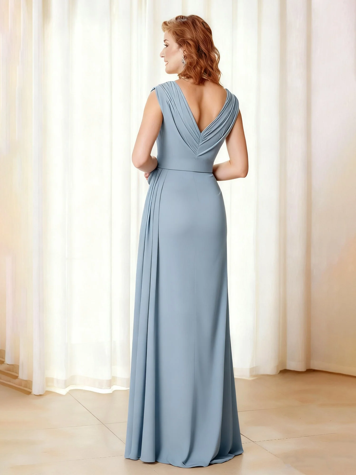 Ruched V-Neck Maxi Gown with High Slit and Cap Sleeves Royal Blue - Image 2