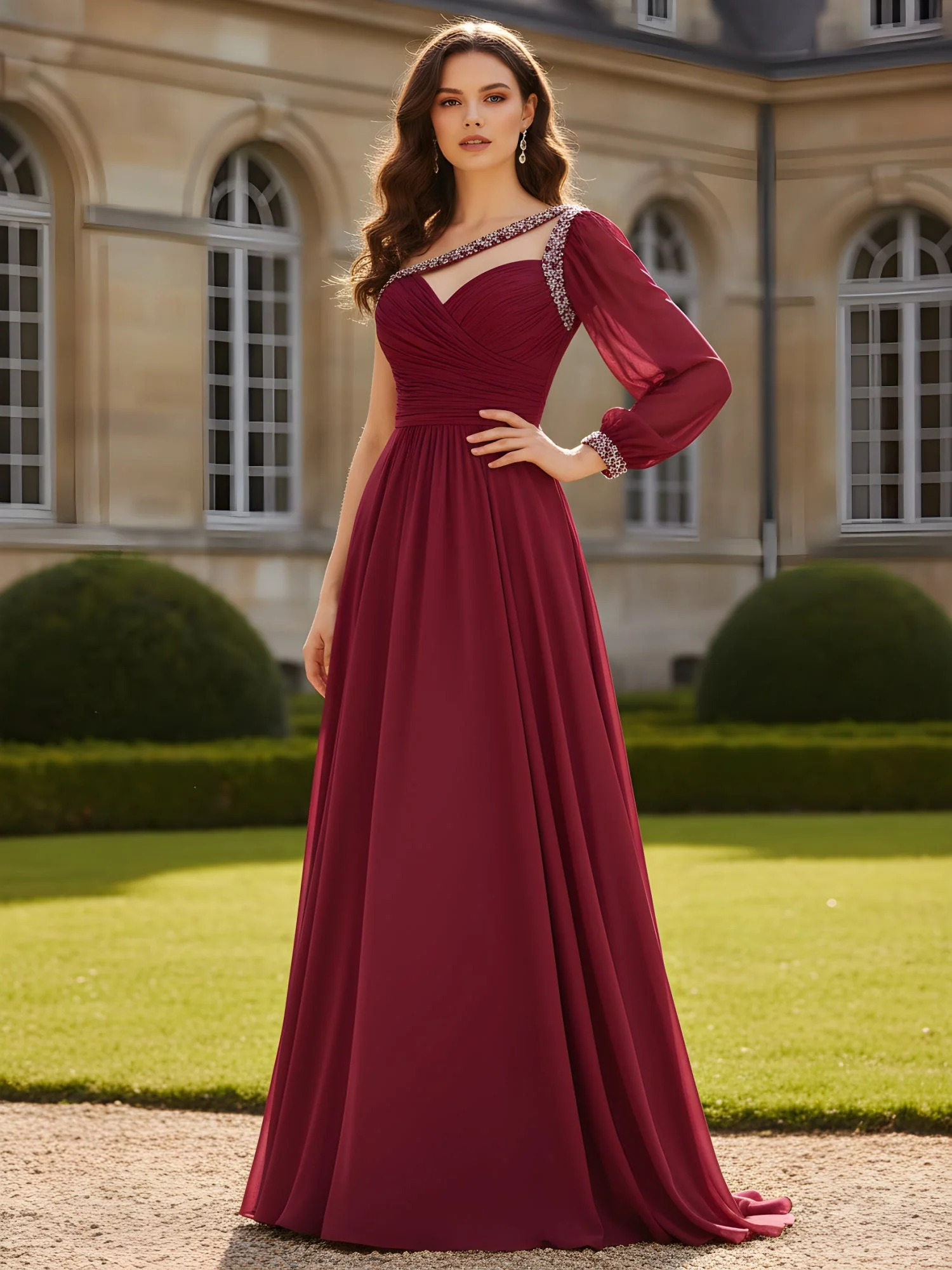 Rhinestone Trim Ruched Bodice A-Line Dress Tahiti