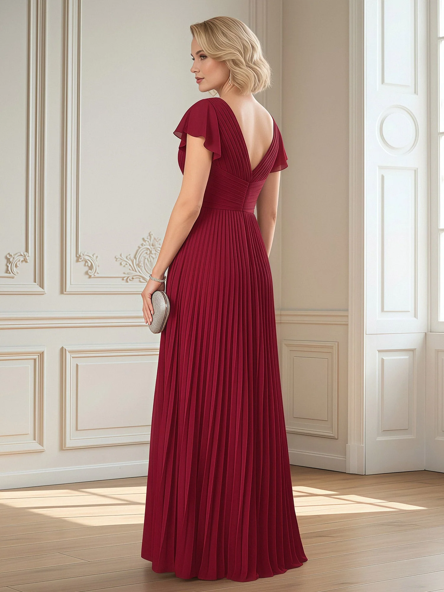 Flutter Sleeve Draped Bodice Formal Gown Champagne - Image 2
