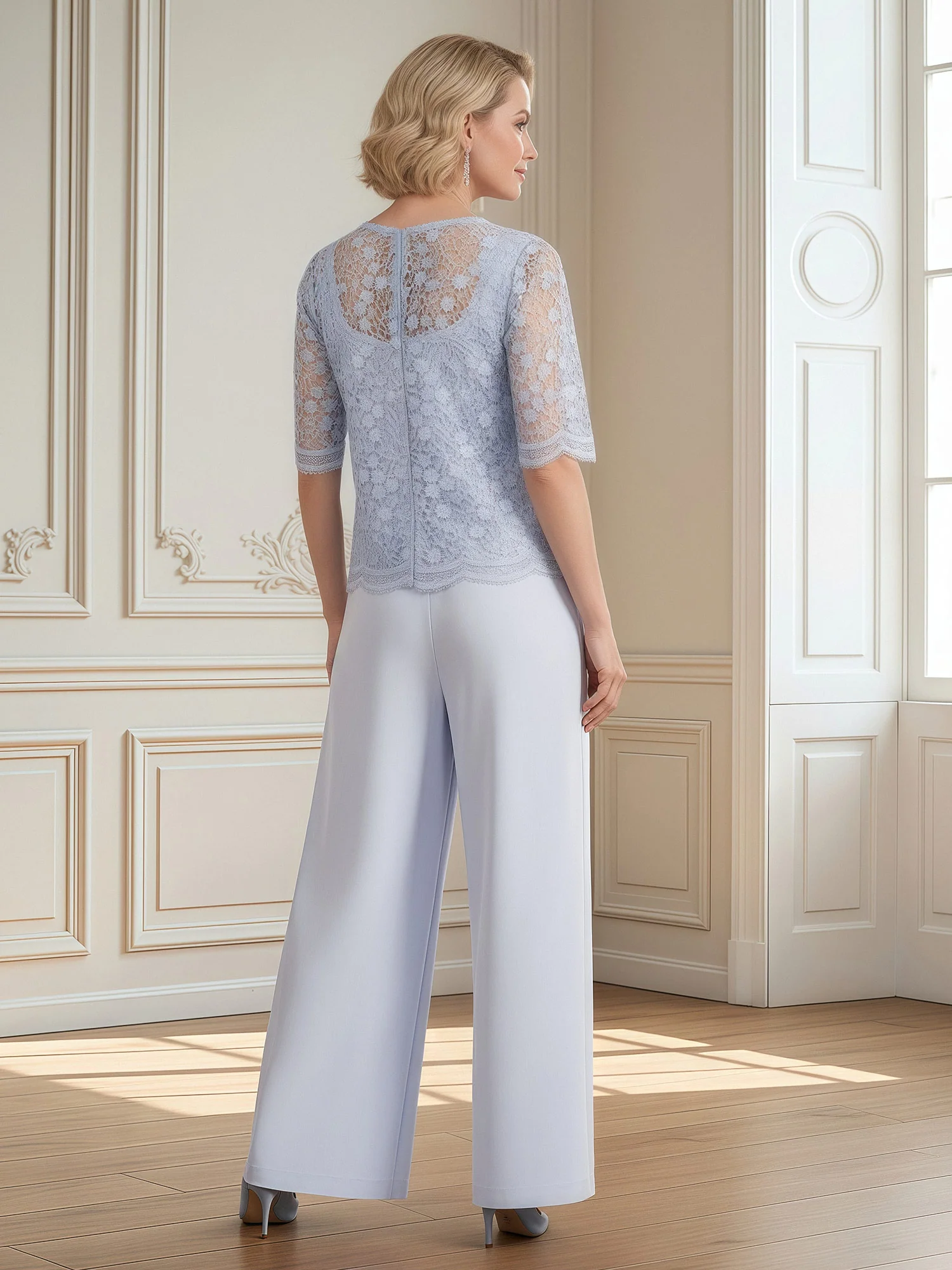 Wide-Leg Formal Trousers and Lace Top Set Lavender - Image 2