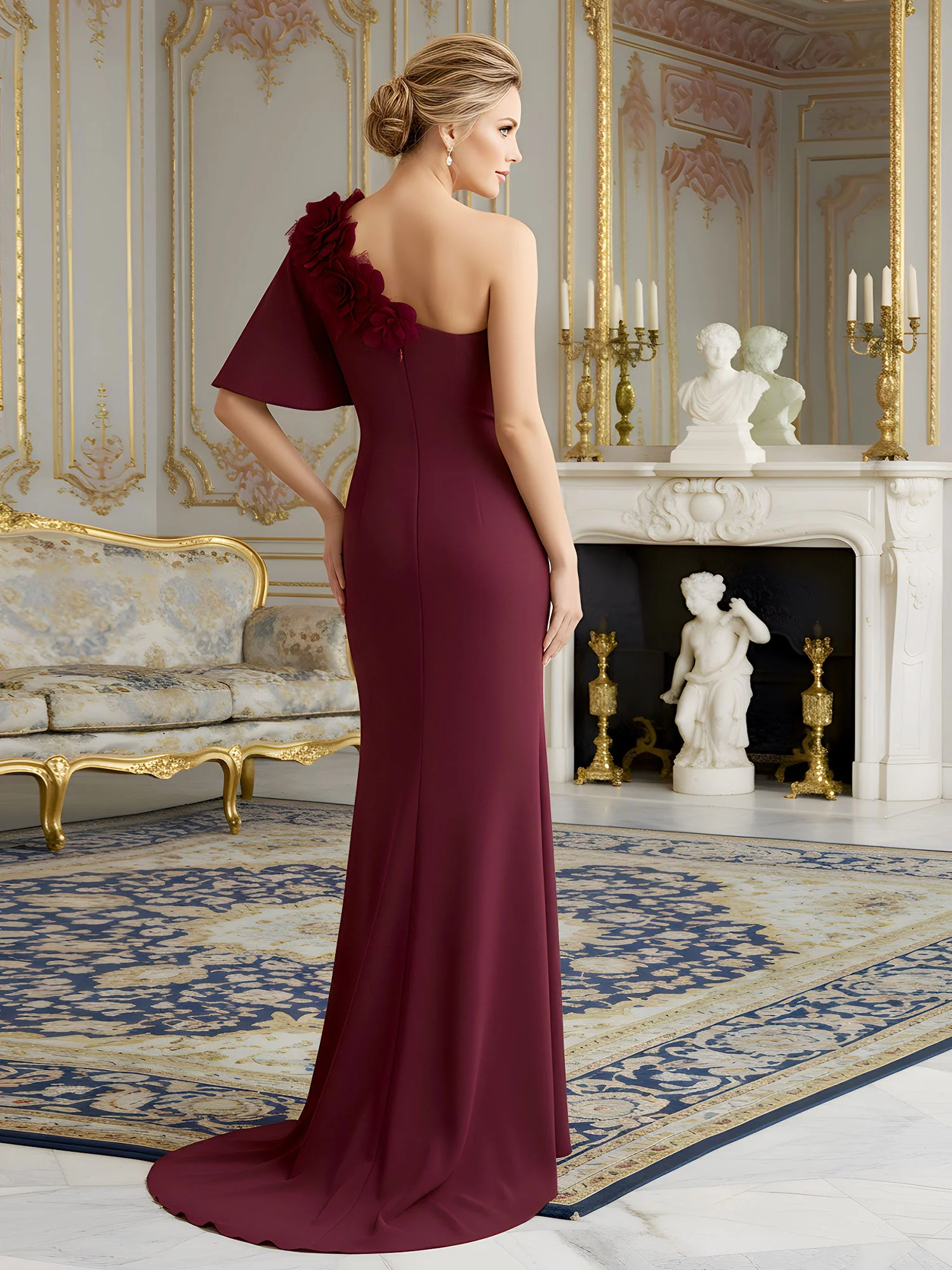 Crepe Fabric Evening Dress featuring Flounced Sleeve Black - Image 2