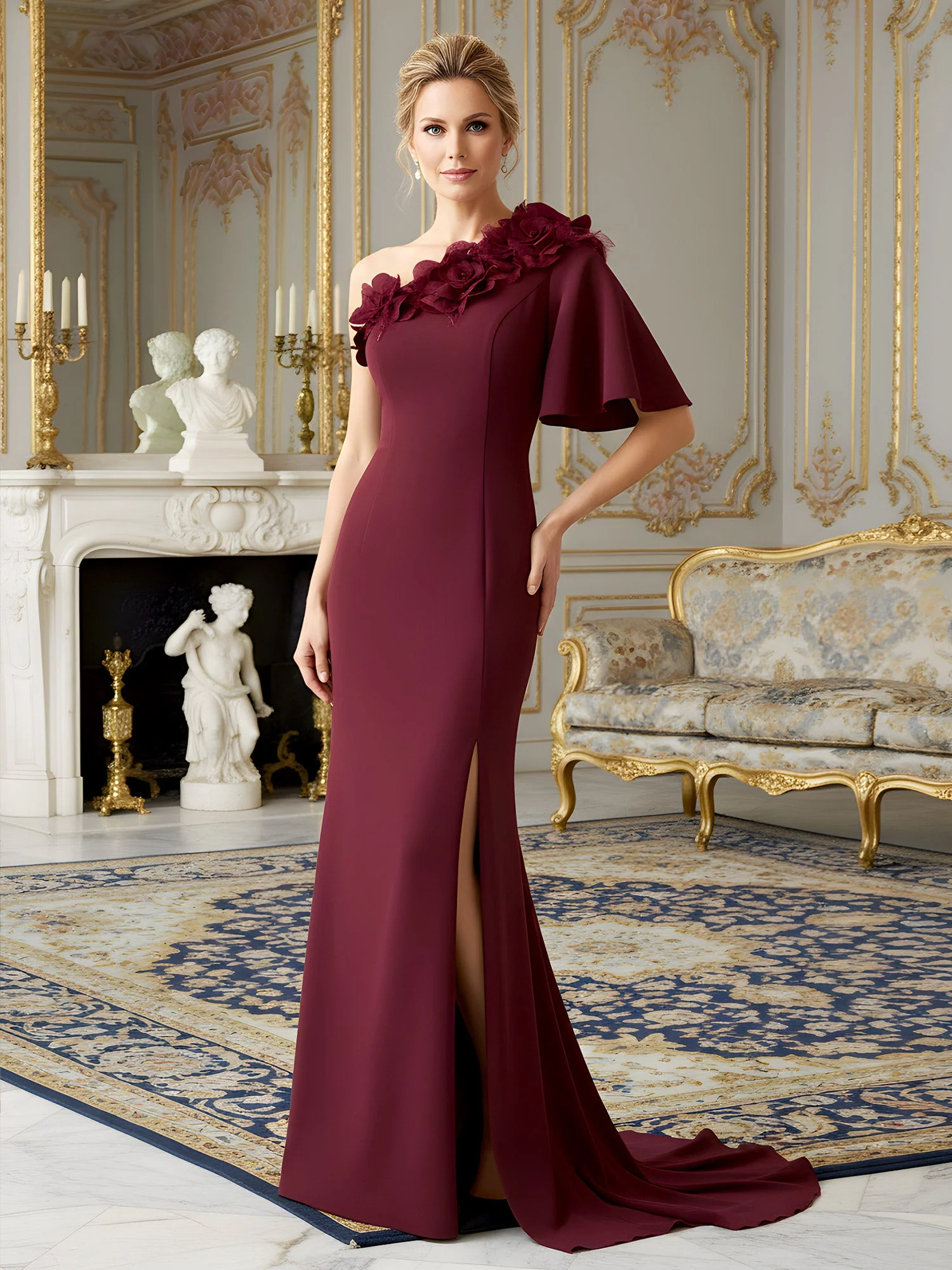 Crepe Fabric Evening Dress featuring Flounced Sleeve Dusty Blue