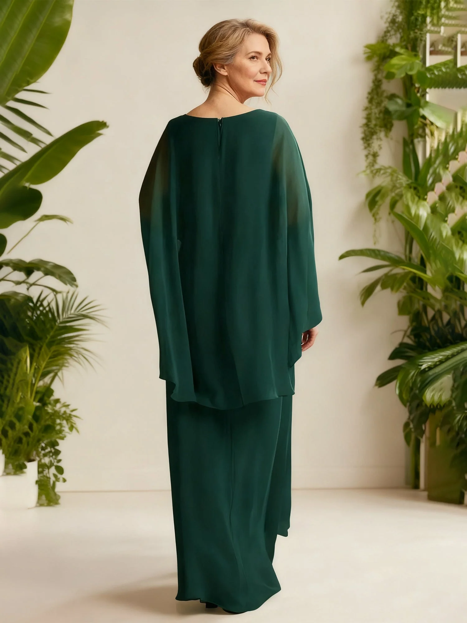 Chiffon Drape V-Neck Gown with Flutter Cape Sleeves Candy Pink - Image 2