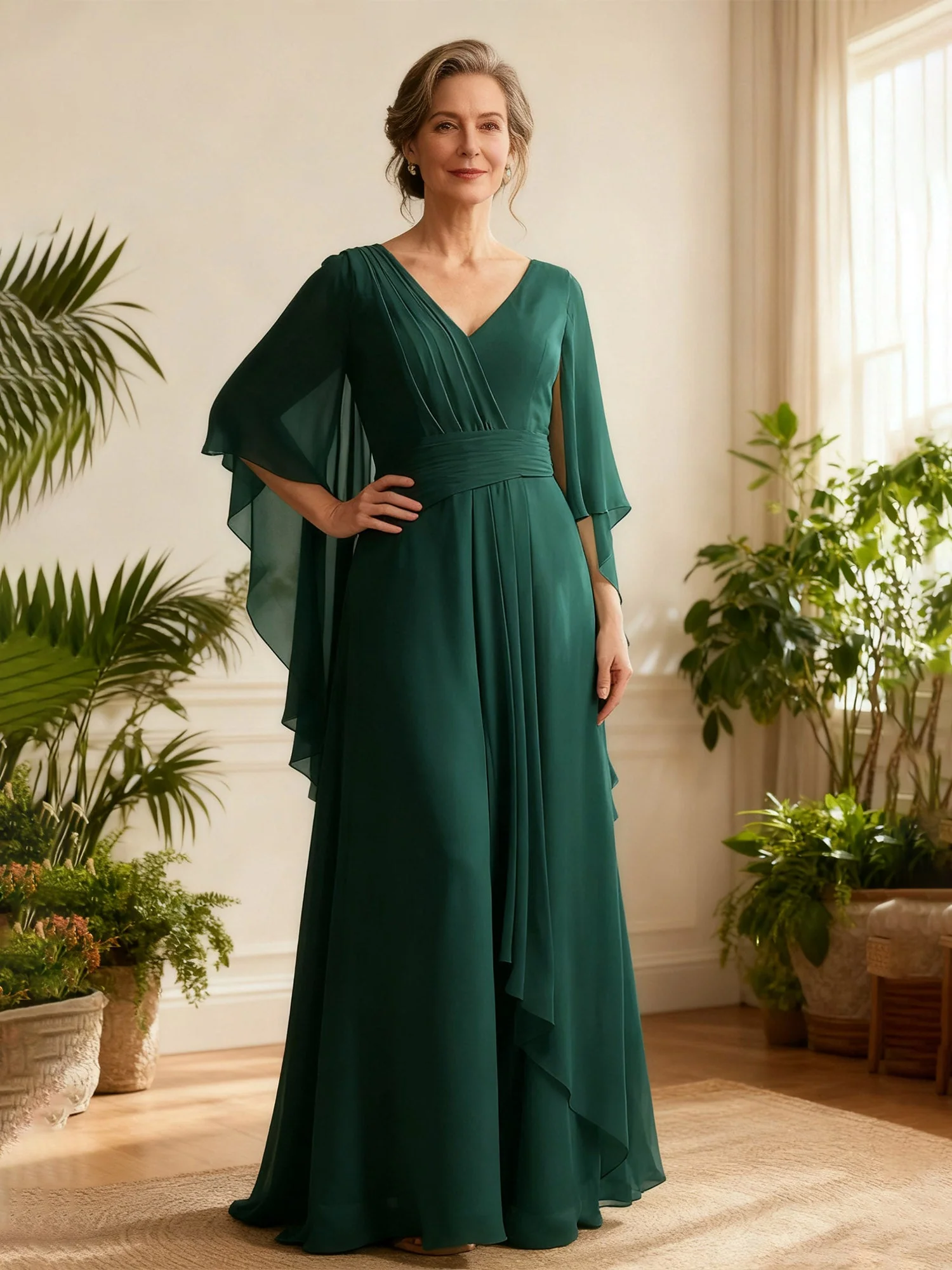 Chiffon Drape V-Neck Gown with Flutter Cape Sleeves Papaya