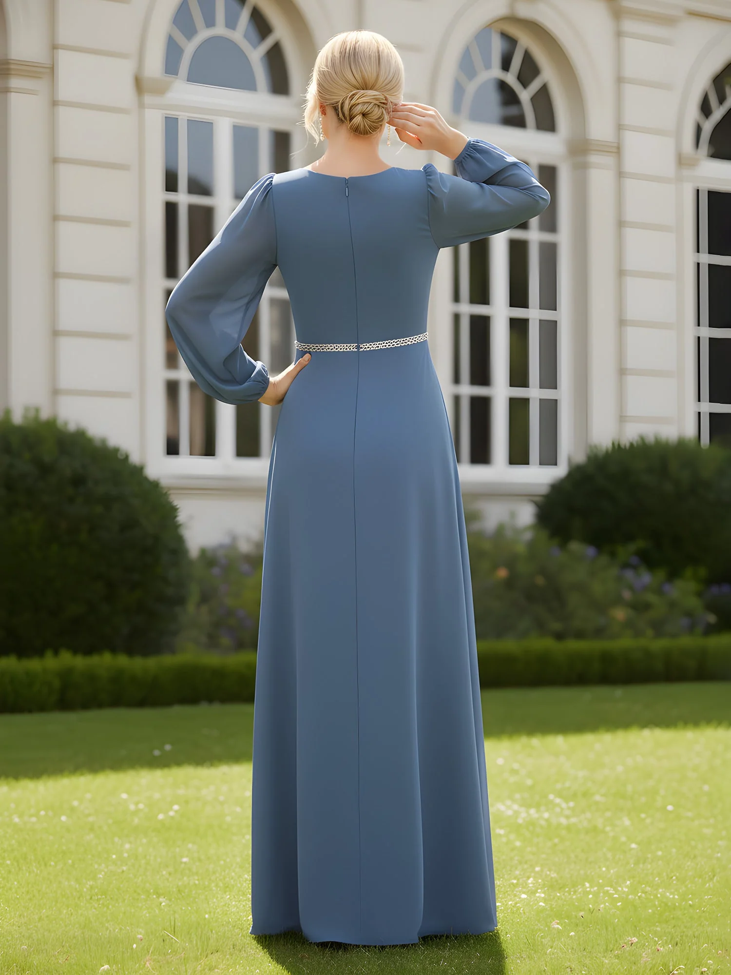 V-Neck Ruched Maxi Dress with Long Sheer Sleeves Lime Green - Image 2