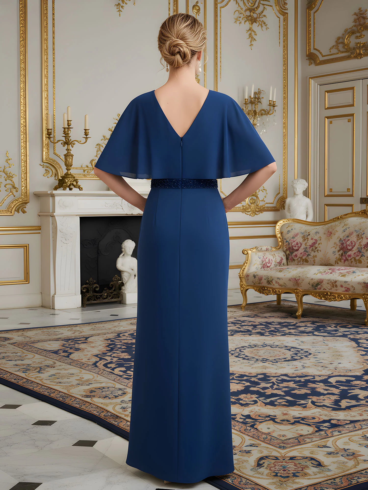 V-Neck Column Gown with Capelet Sleeves and Beaded Waist Dark Navy - Image 2