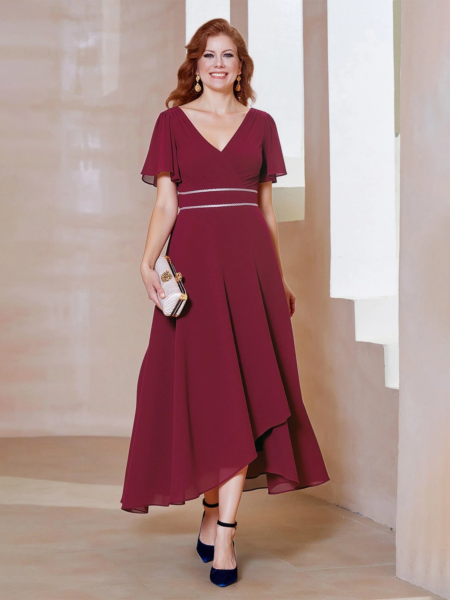 Asymmetrical Hem Cocktail Dress with Beaded Waist Detail Coral