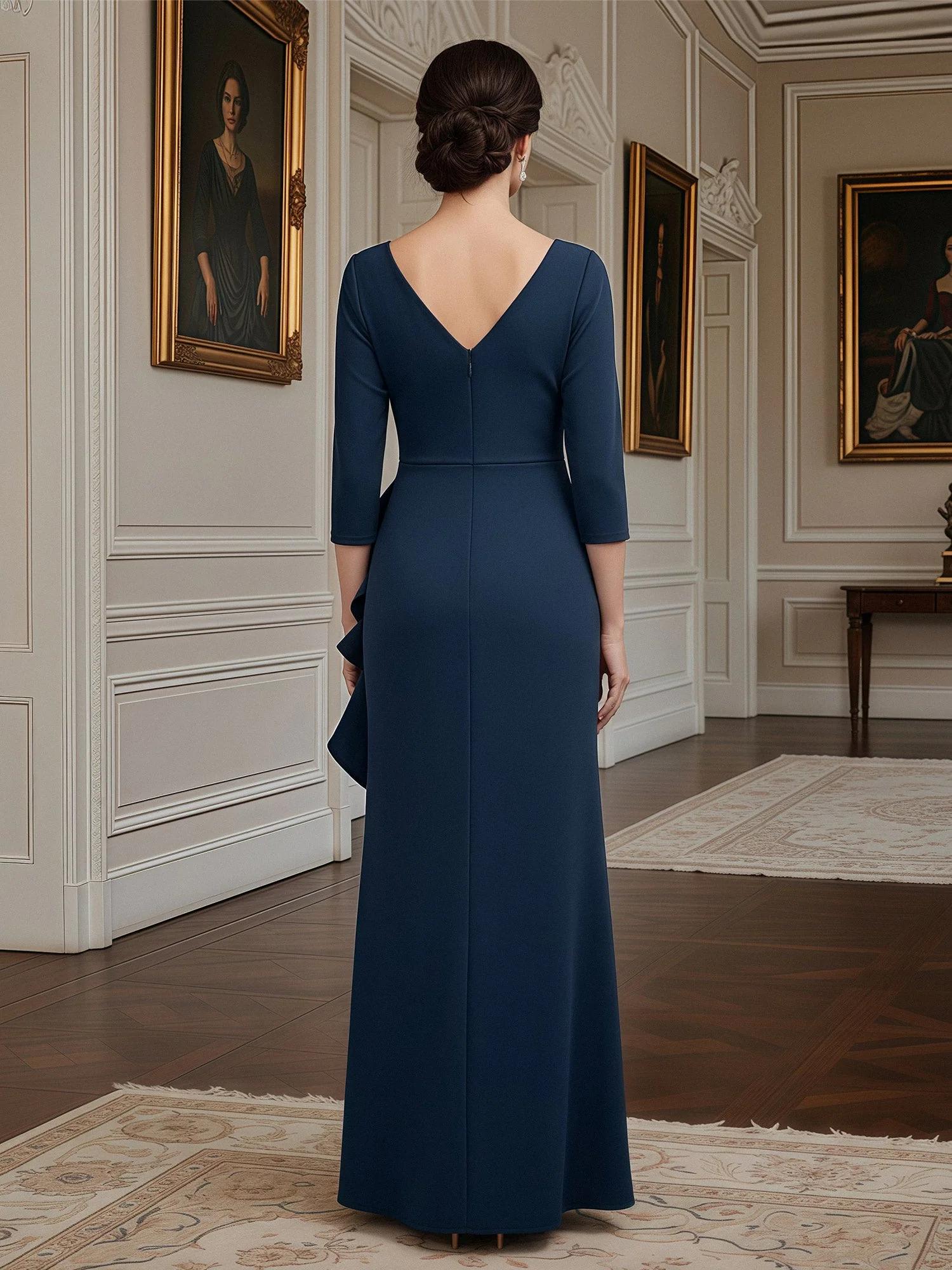 Three-Quarter Sleeve Column Gown with Draped V-Neck Dusty Blue - Image 2