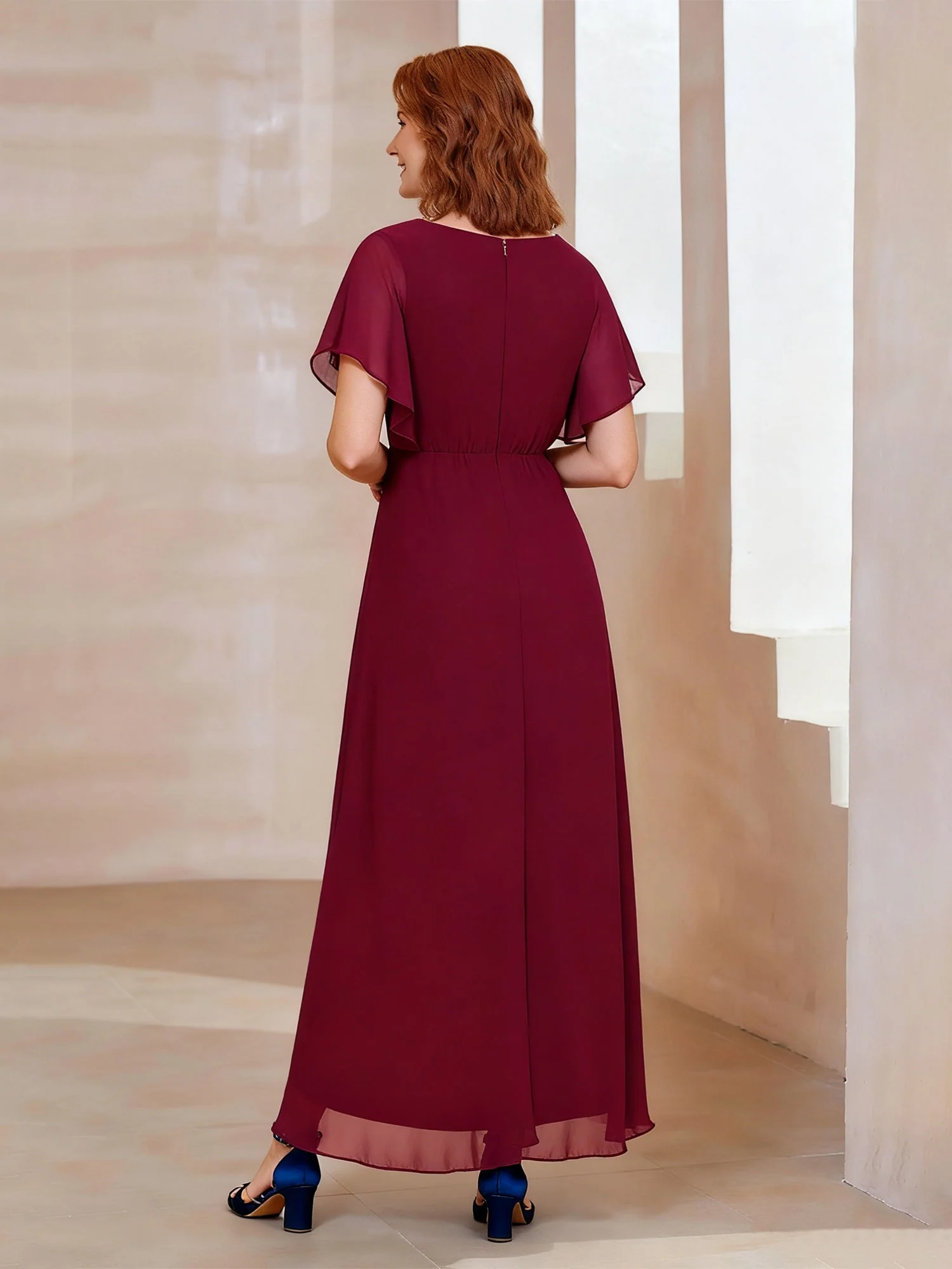 Chiffon High-Low Dress with V-Neck and Beaded Waist Rust - Image 2