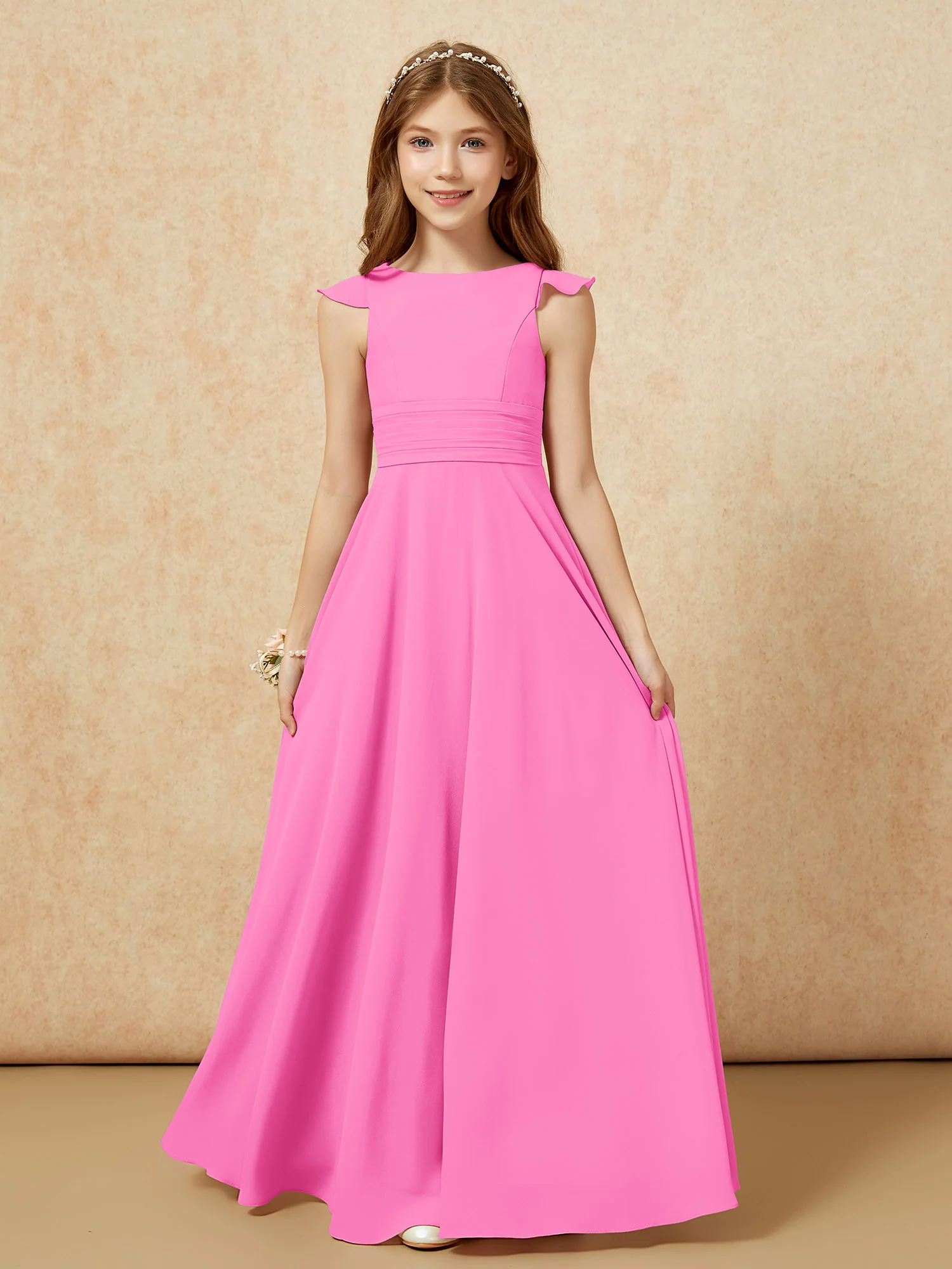Jewel Neck Flutter Sleeves Chiffon Junior Bridesmaid Dresses Azalea