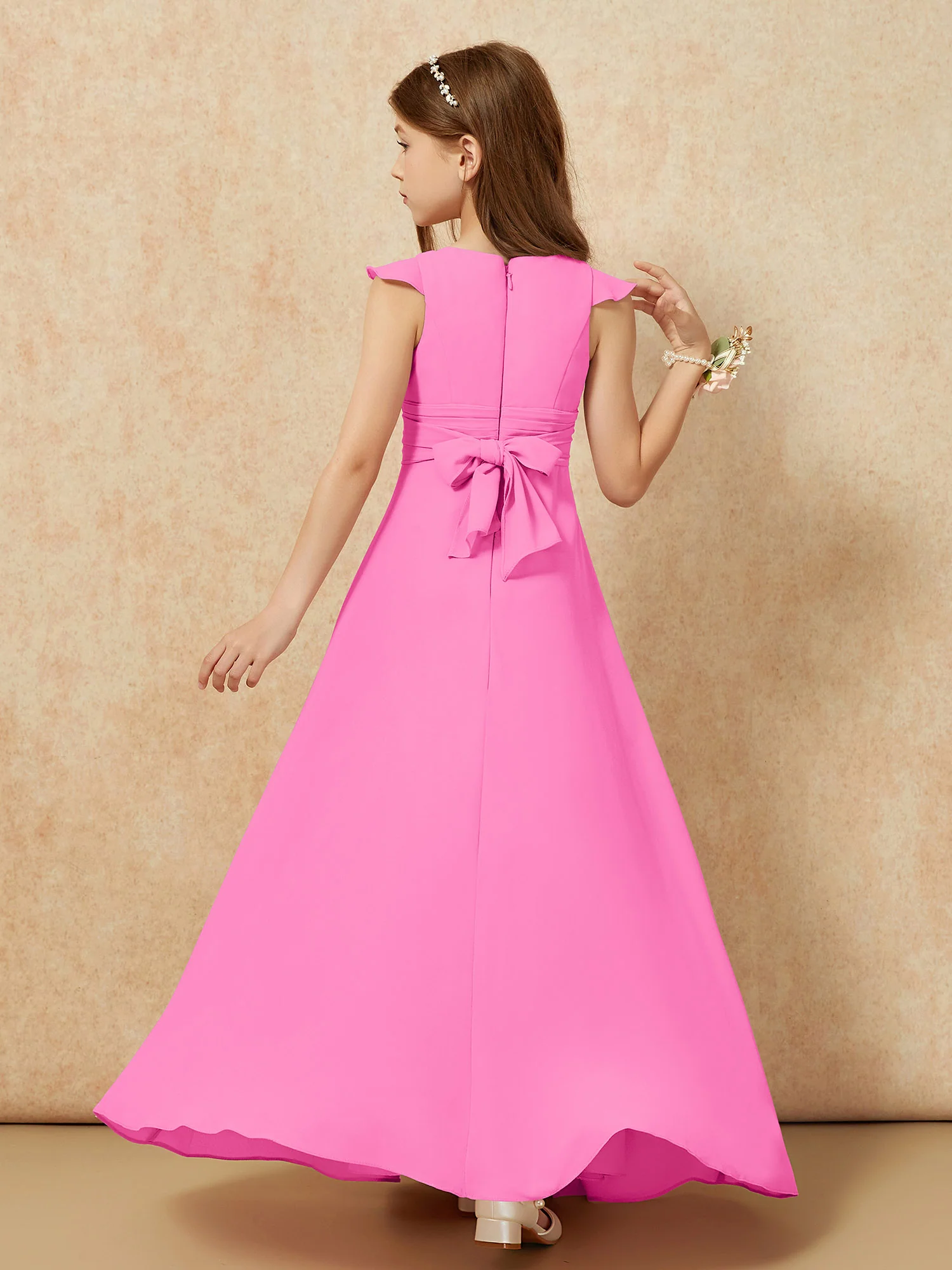Jewel Neck Flutter Sleeves Chiffon Junior Bridesmaid Dresses Azalea - Image 2