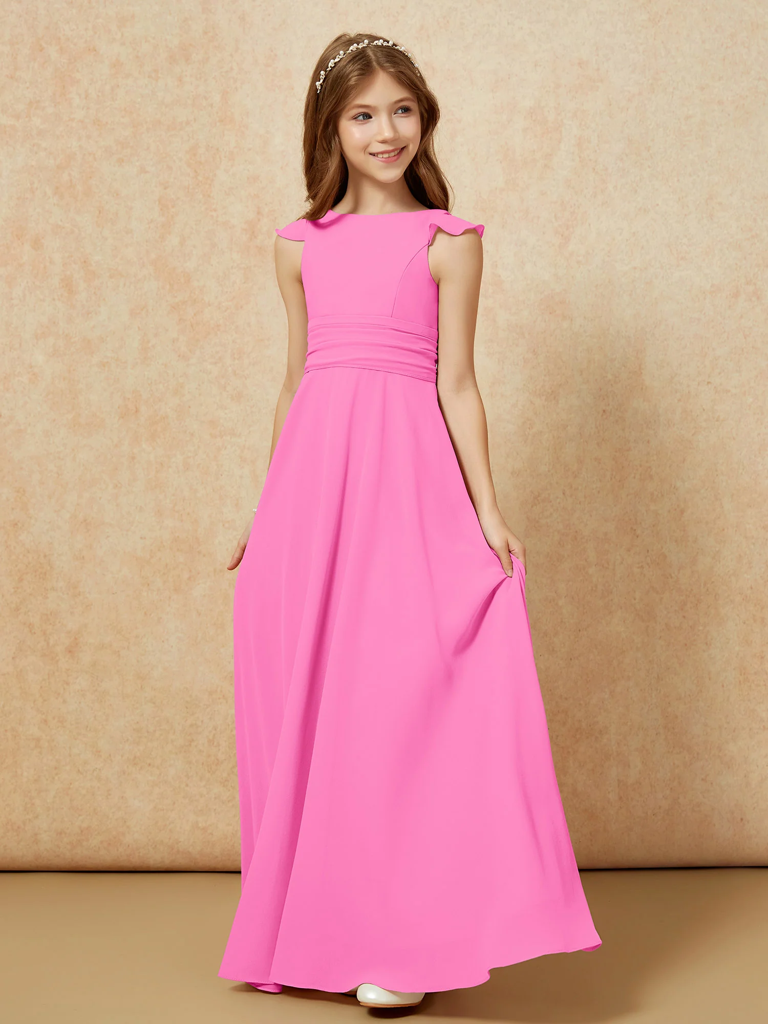 Jewel Neck Flutter Sleeves Chiffon Junior Bridesmaid Dresses Azalea - Image 3