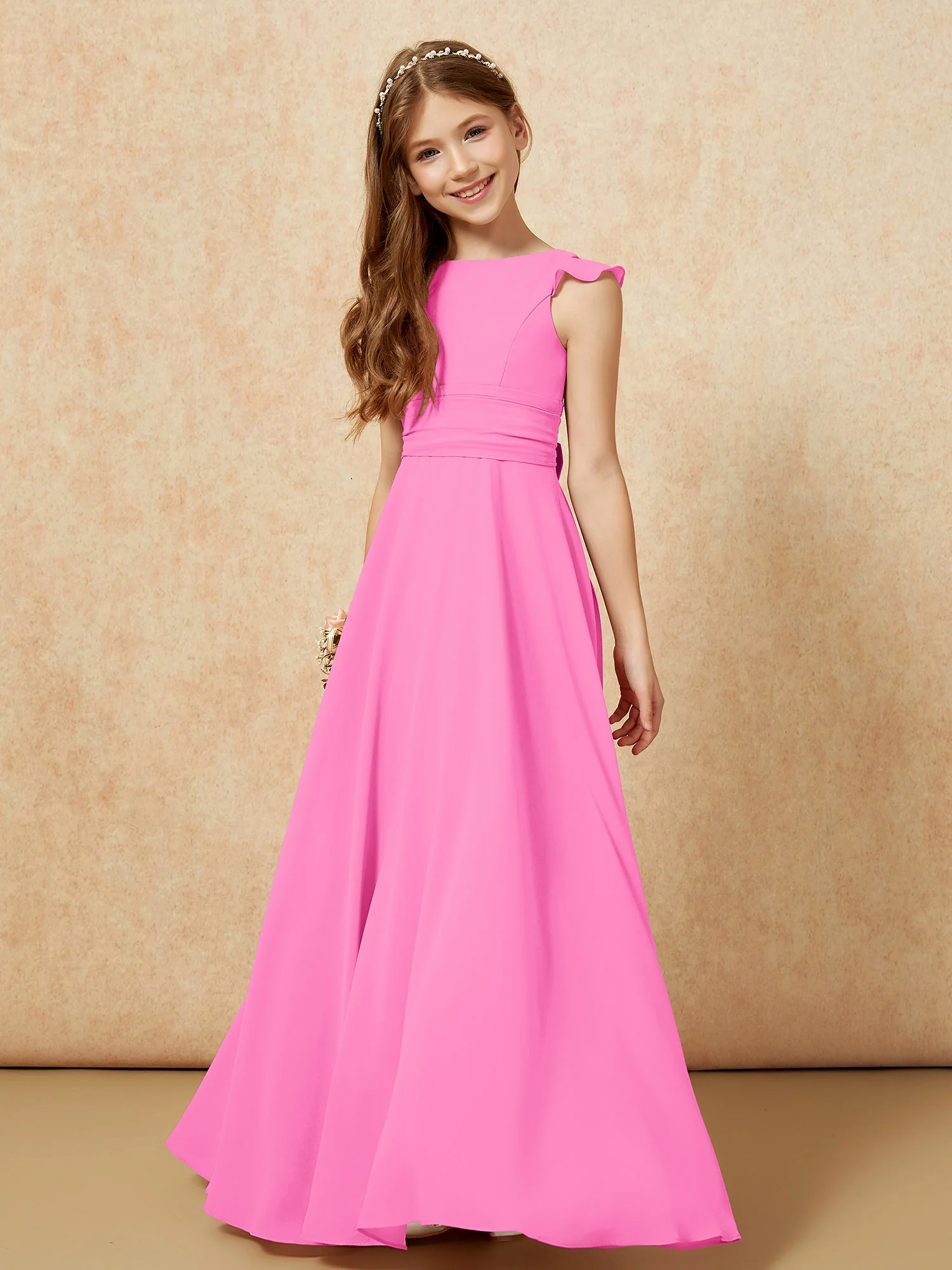 Jewel Neck Flutter Sleeves Chiffon Junior Bridesmaid Dresses Azalea - Image 4