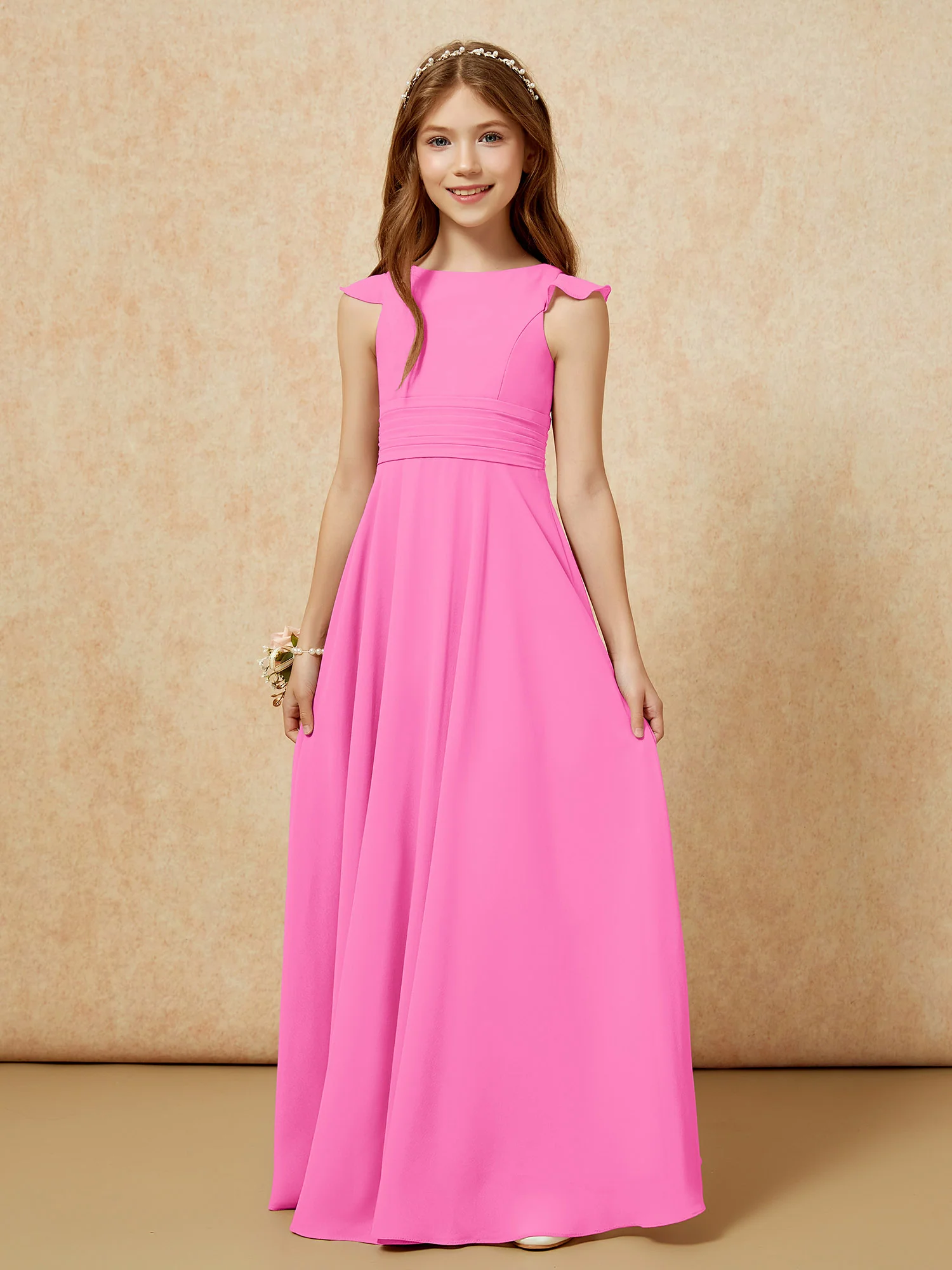 Jewel Neck Flutter Sleeves Chiffon Junior Bridesmaid Dresses Azalea - Image 6
