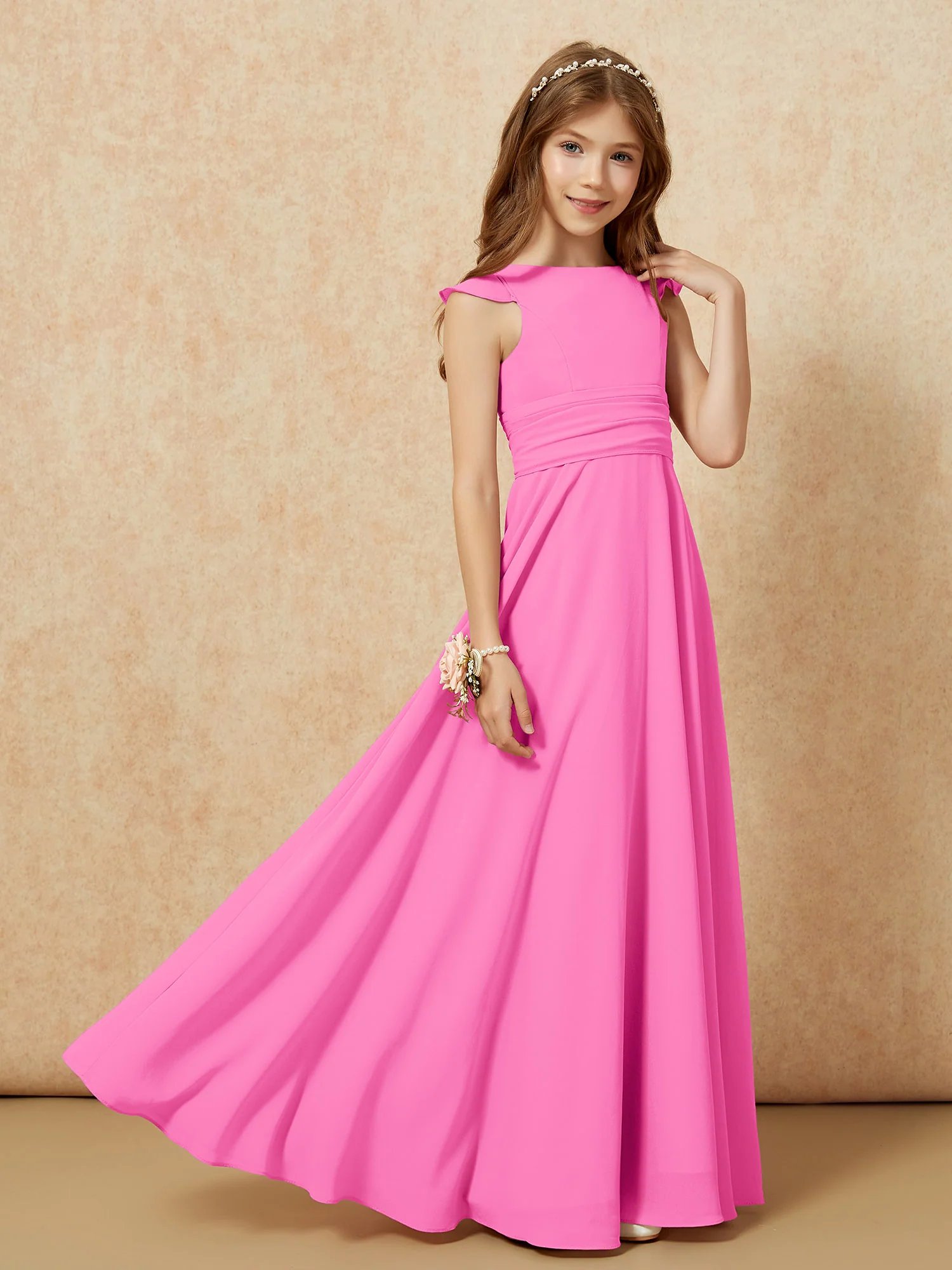 Jewel Neck Flutter Sleeves Chiffon Junior Bridesmaid Dresses Azalea - Image 7