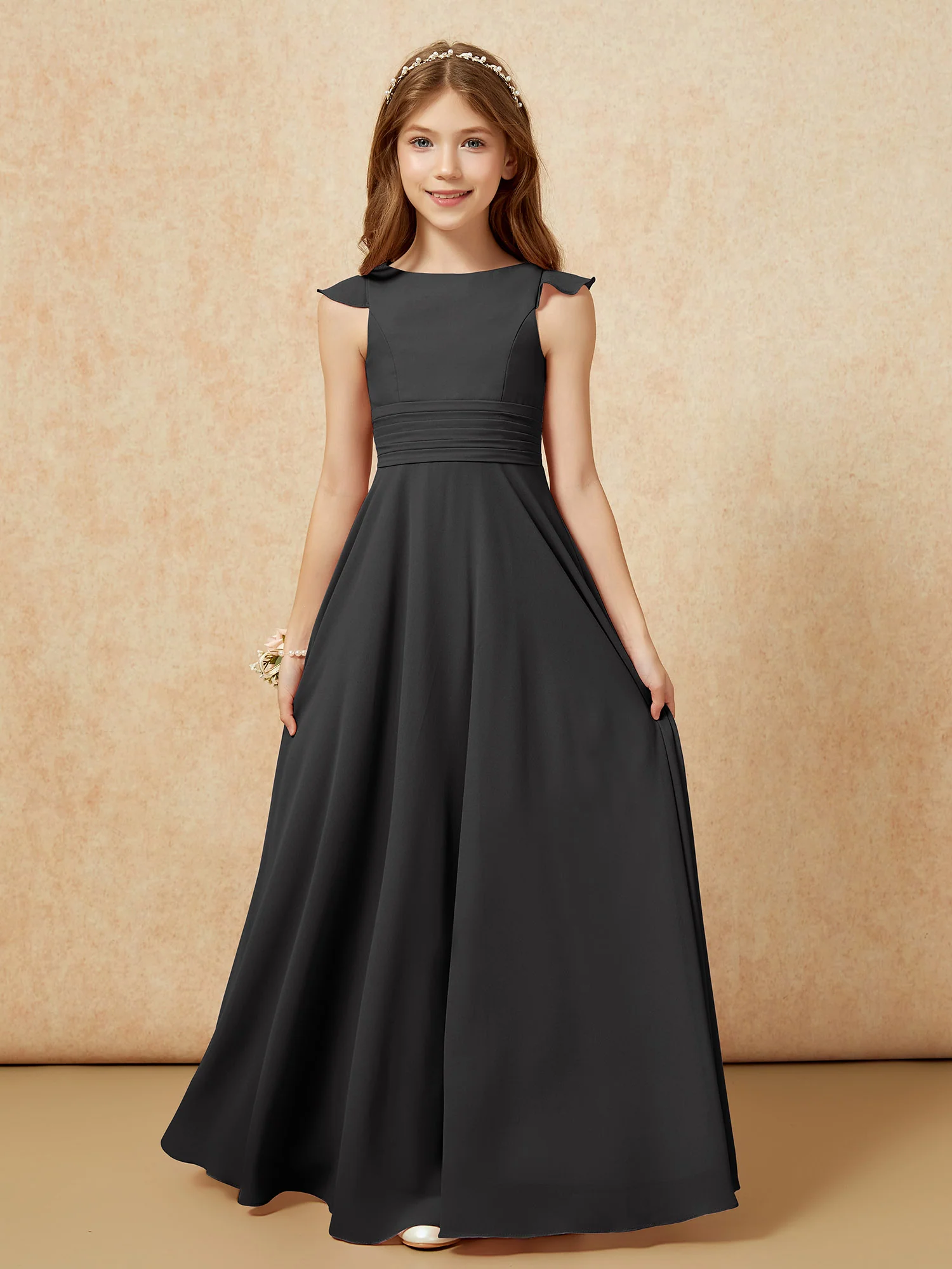 Jewel Neck Flutter Sleeves Chiffon Junior Bridesmaid Dresses Black