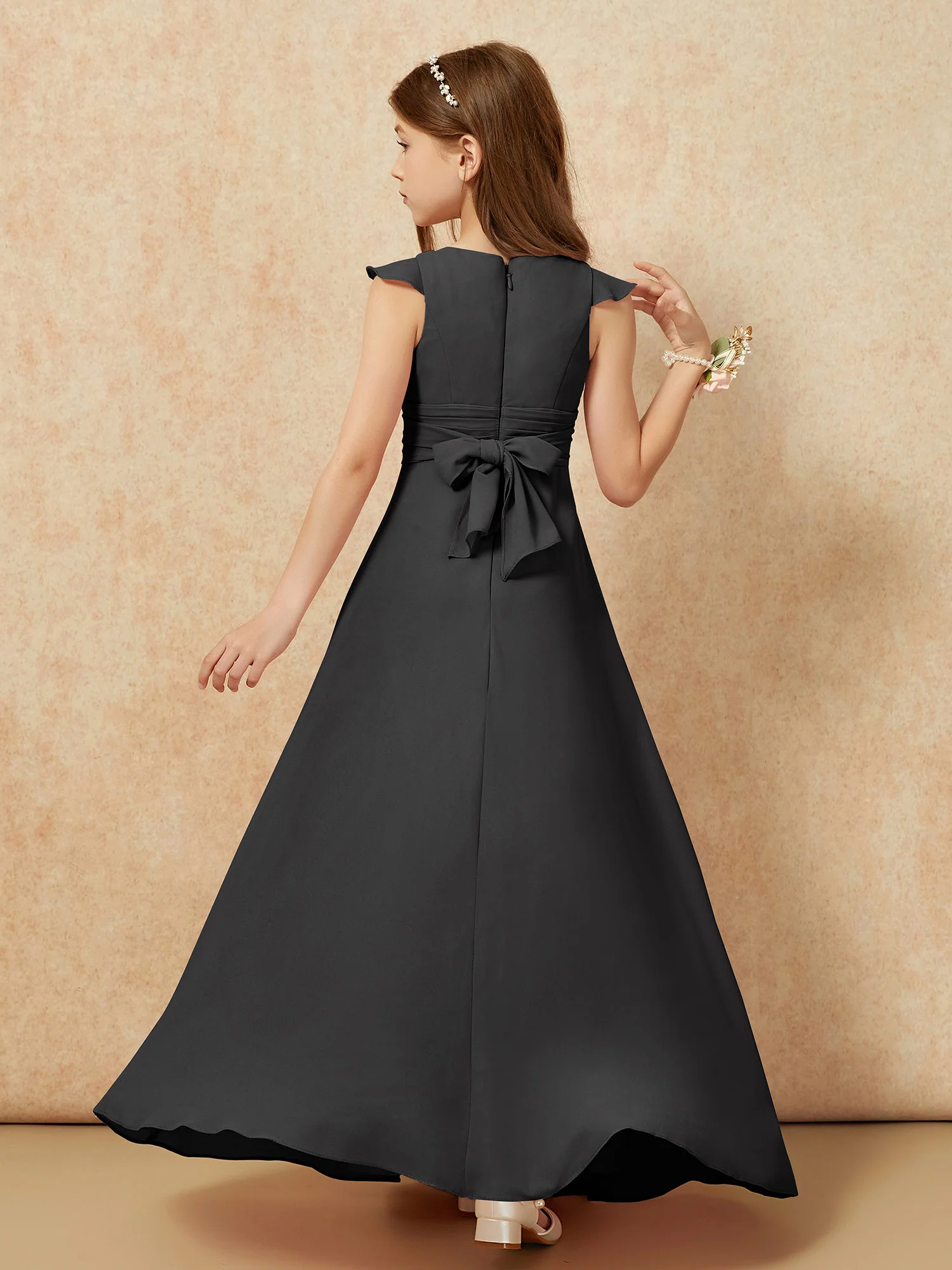 Jewel Neck Flutter Sleeves Chiffon Junior Bridesmaid Dresses Black - Image 2