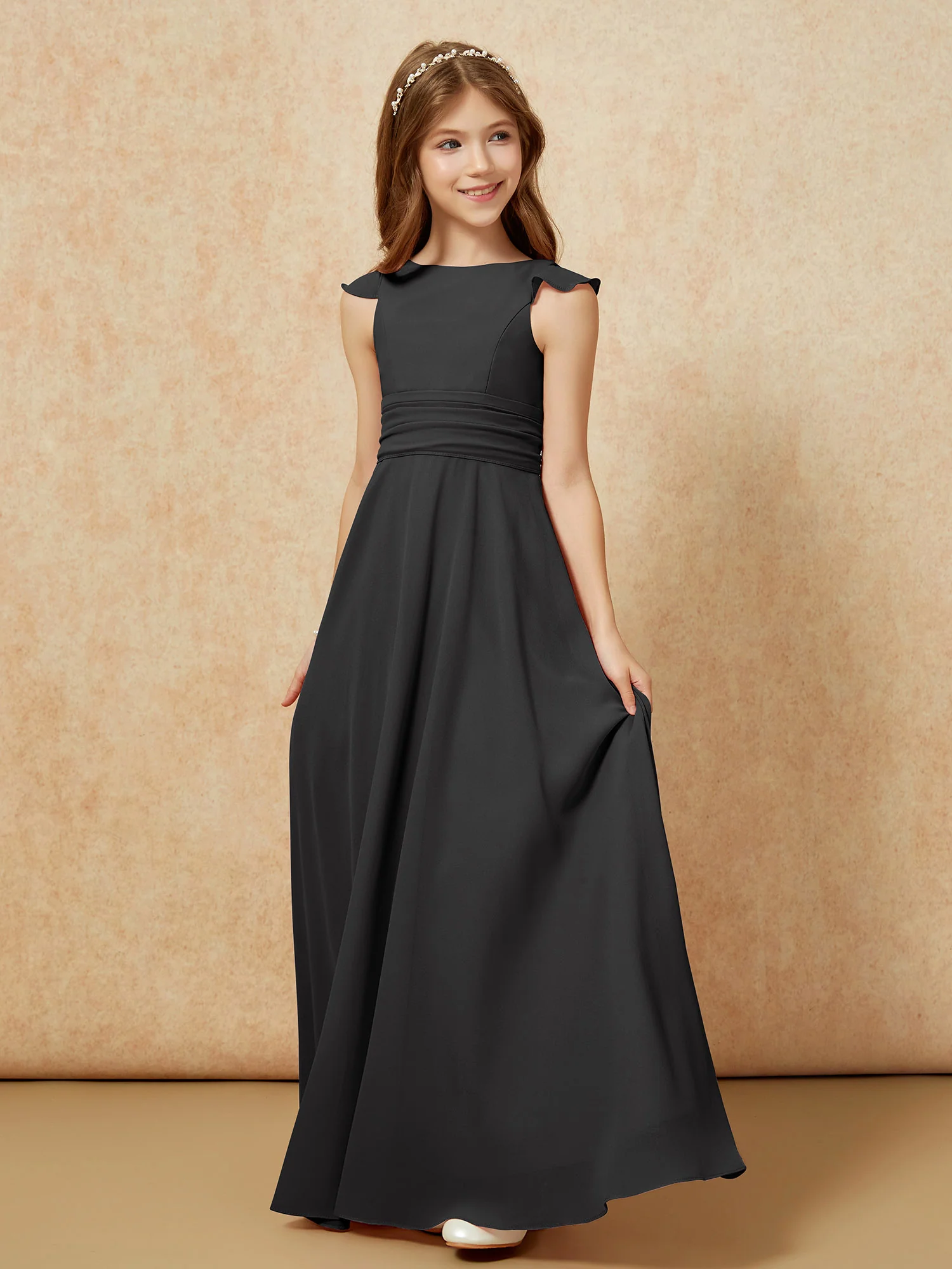 Jewel Neck Flutter Sleeves Chiffon Junior Bridesmaid Dresses Black - Image 3