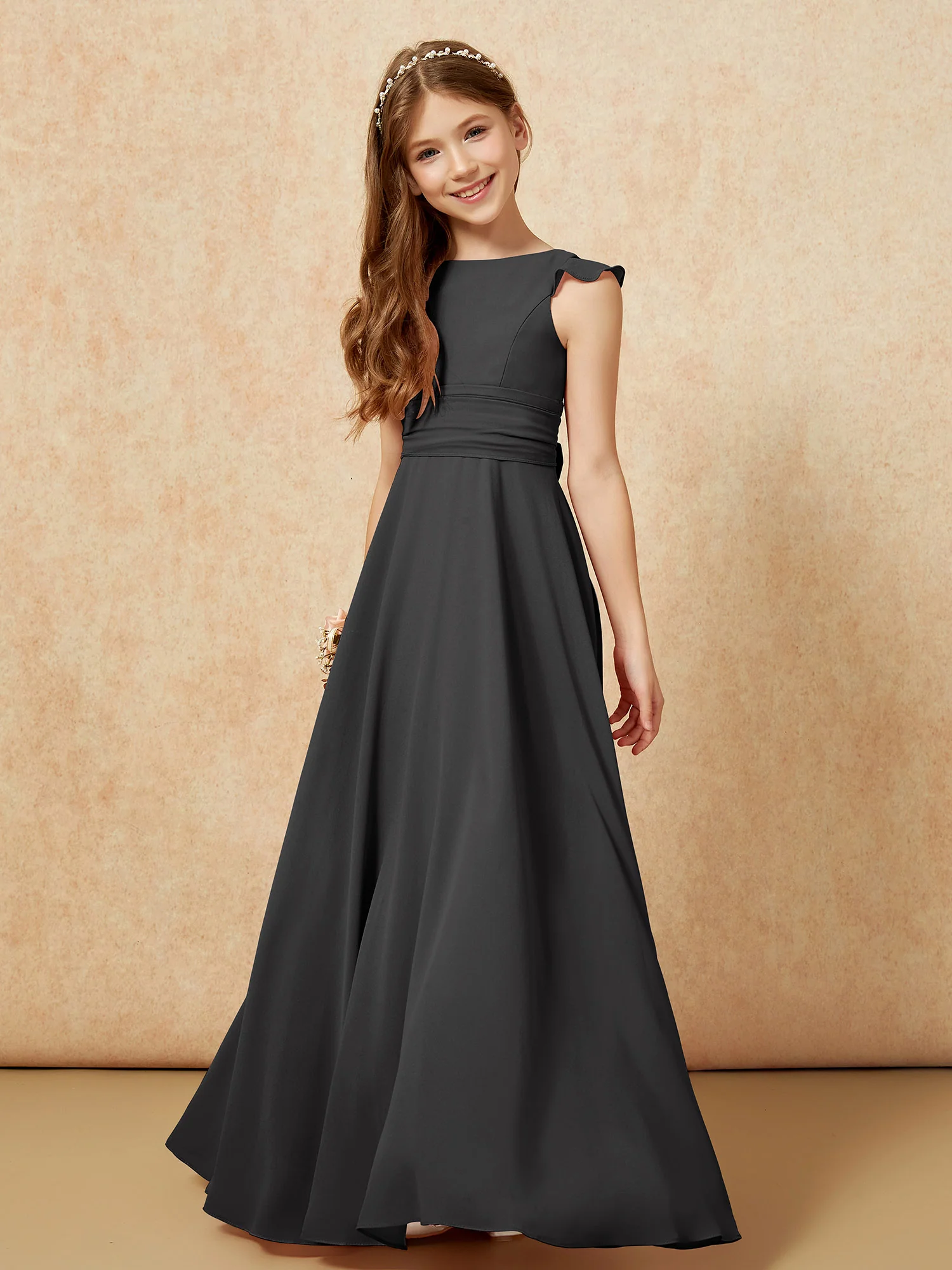 Jewel Neck Flutter Sleeves Chiffon Junior Bridesmaid Dresses Black - Image 4