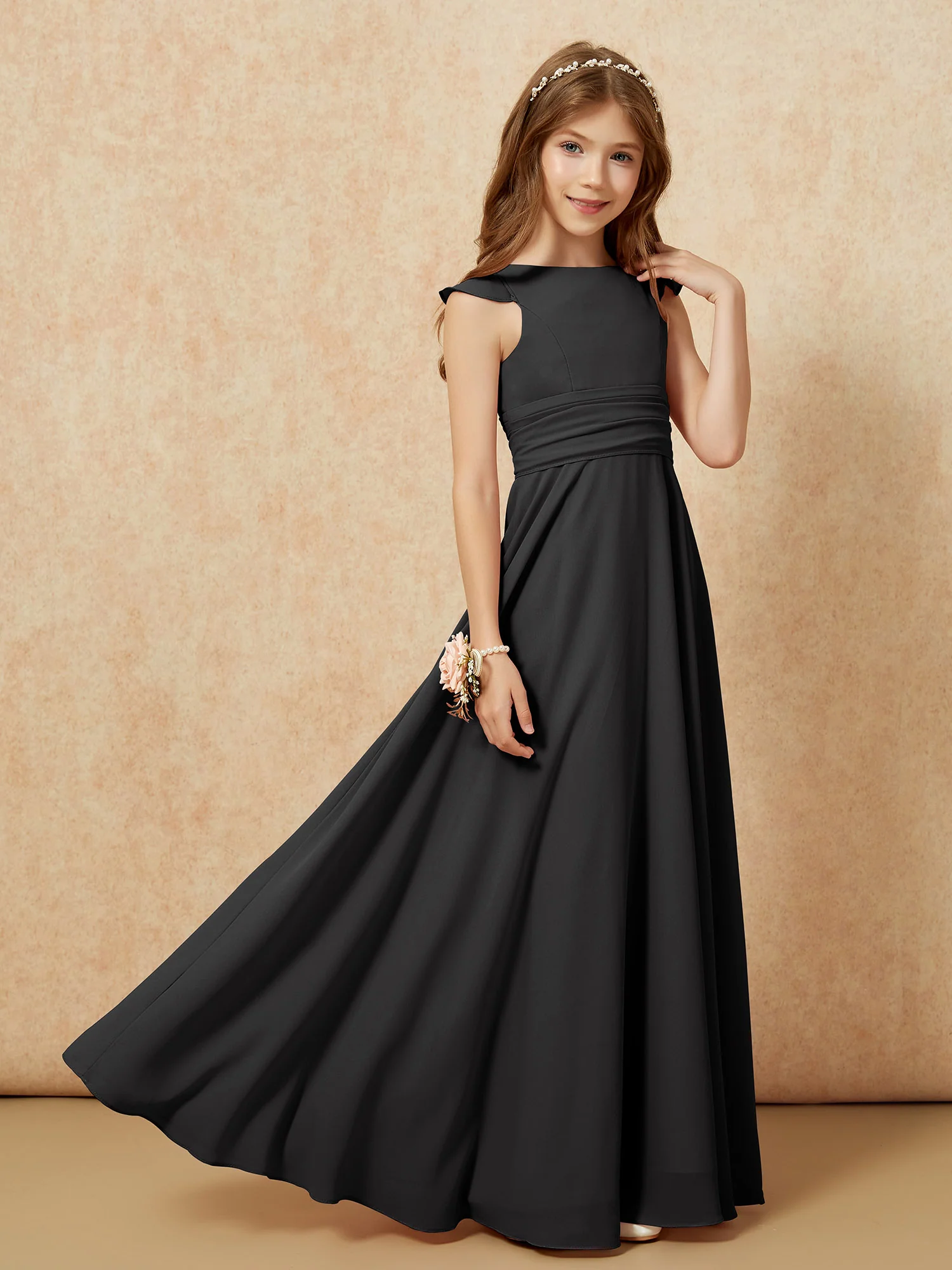 Jewel Neck Flutter Sleeves Chiffon Junior Bridesmaid Dresses Black - Image 7