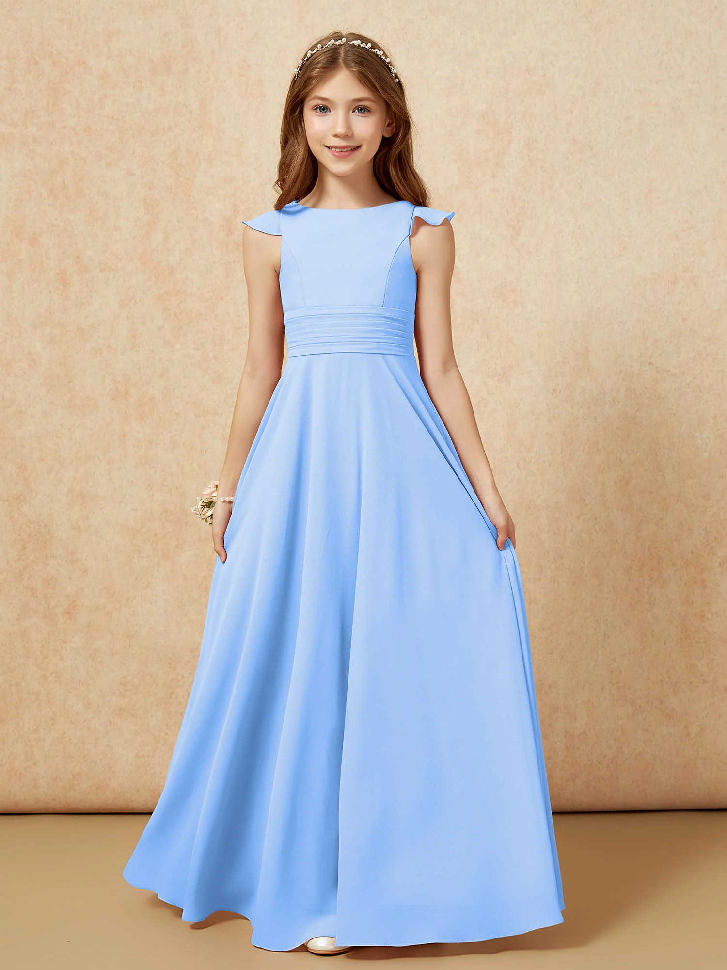 Jewel Neck Flutter Sleeves Chiffon Junior Bridesmaid Dresses Blue
