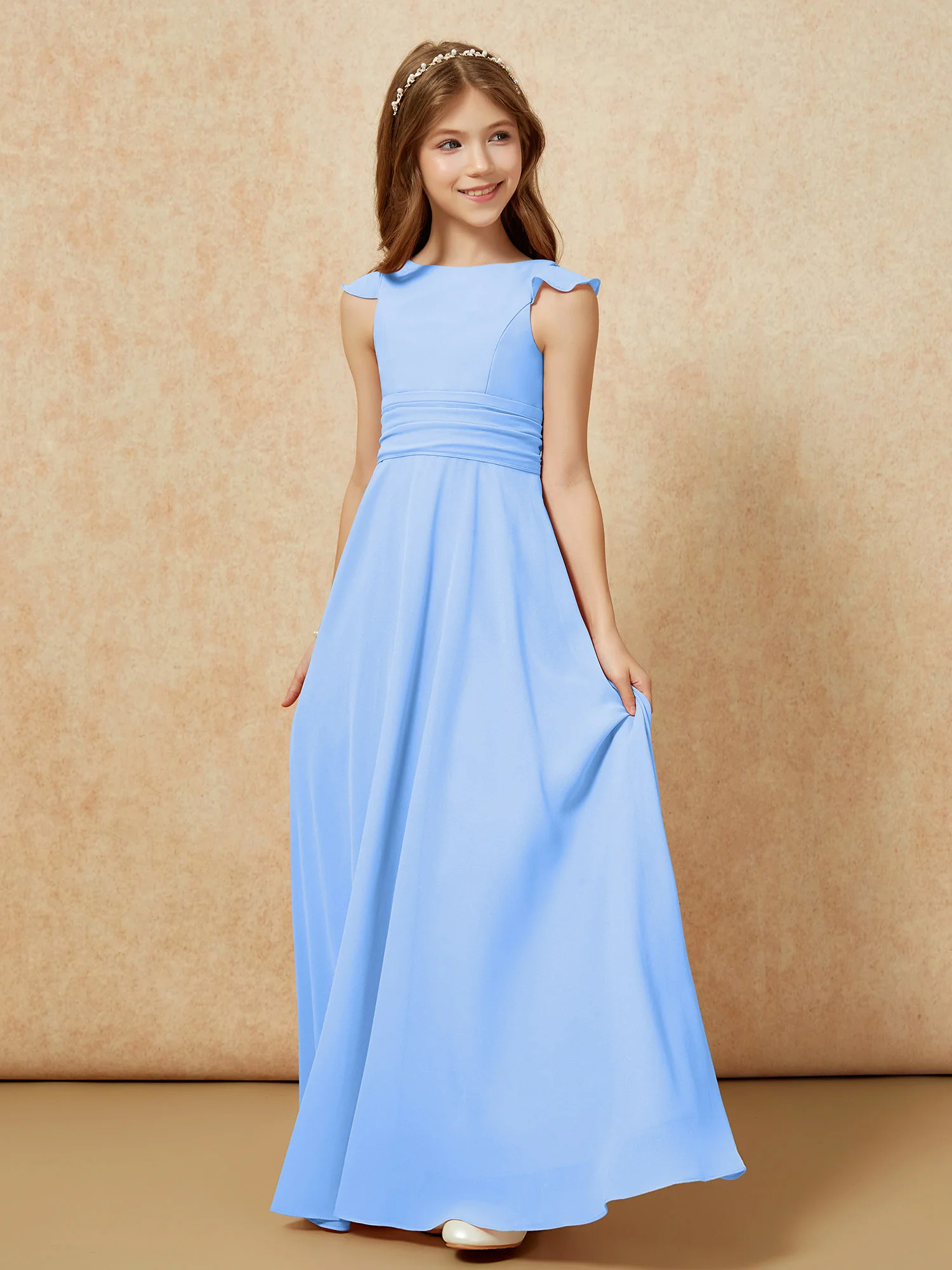 Jewel Neck Flutter Sleeves Chiffon Junior Bridesmaid Dresses Blue - Image 3