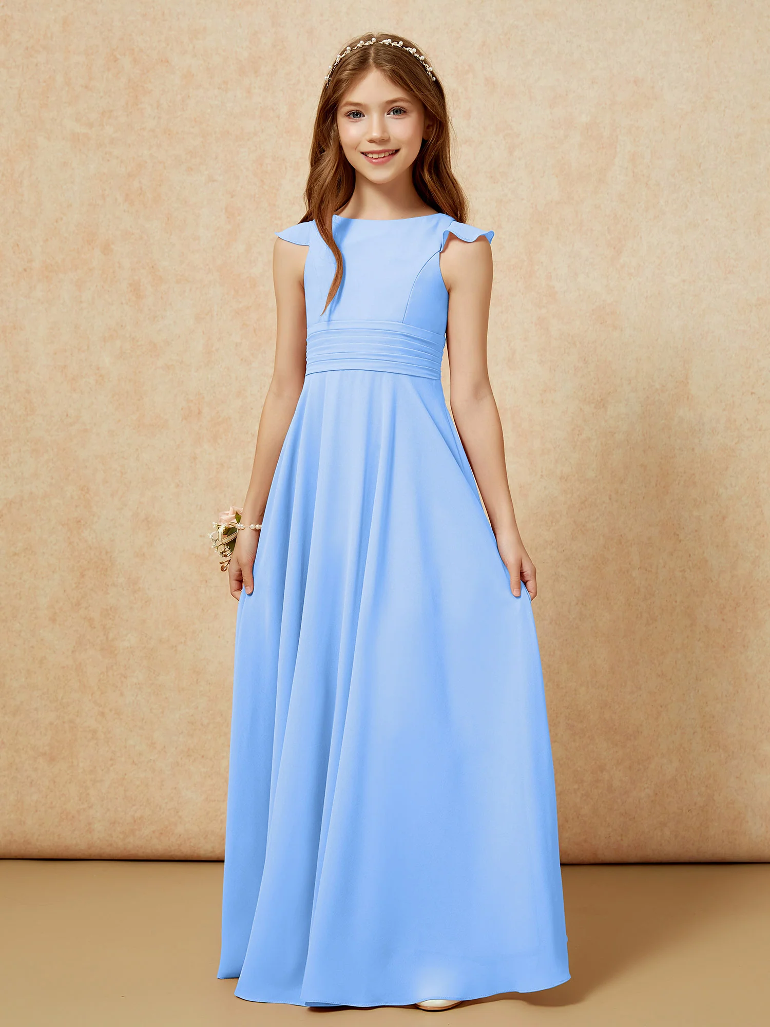 Jewel Neck Flutter Sleeves Chiffon Junior Bridesmaid Dresses Blue - Image 6