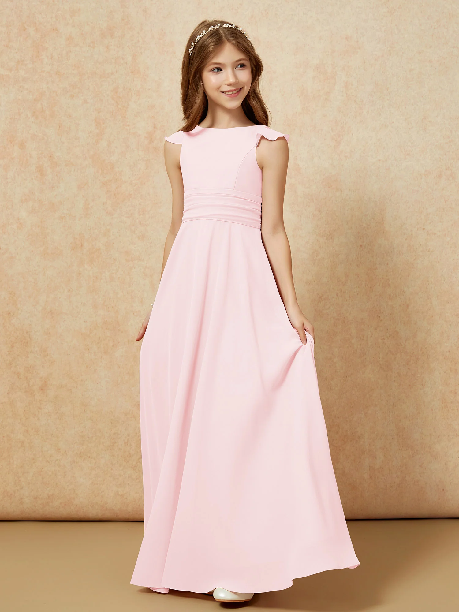 Jewel Neck Flutter Sleeves Chiffon Junior Bridesmaid Dresses Blushing Pink - Image 3